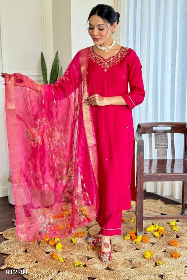 Ethereal Silk Elegance - Handworked Kurta and Pant Set with Chanderi Dupatta