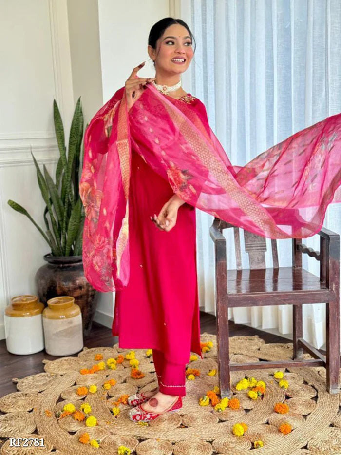 Ethereal Silk Elegance - Handworked Kurta and Pant Set with Chanderi Dupatta