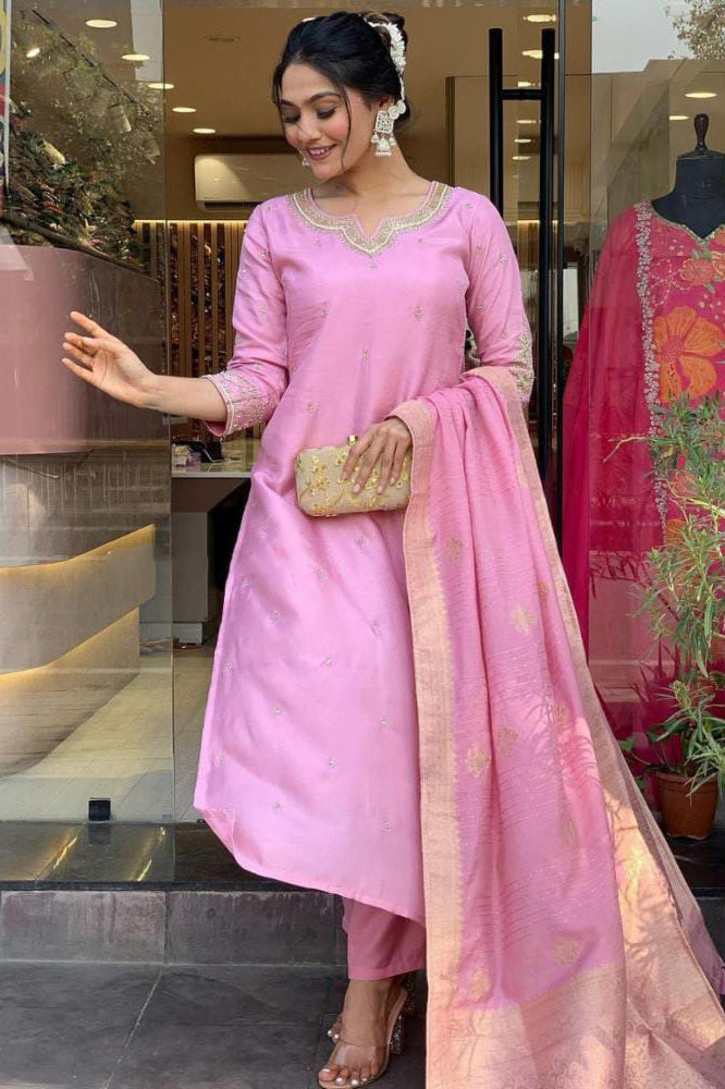 Heavy Cotton Silk Mirror Work Kurta Set with Zari Embroidery and Lace Dupatta – Purple