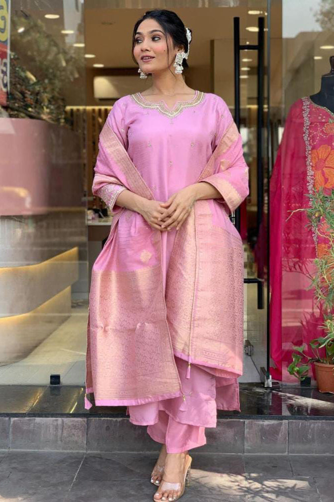 Heavy Cotton Silk Mirror Work Kurta Set with Zari Embroidery and Lace Dupatta – Purple