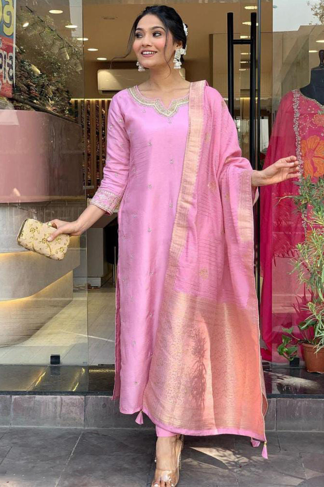Heavy Cotton Silk Mirror Work Kurta Set with Zari Embroidery and Lace Dupatta – Purple