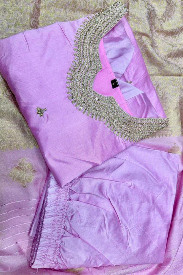 Heavy Cotton Silk Mirror Work Kurta Set with Zari Embroidery and Lace Dupatta – Purple