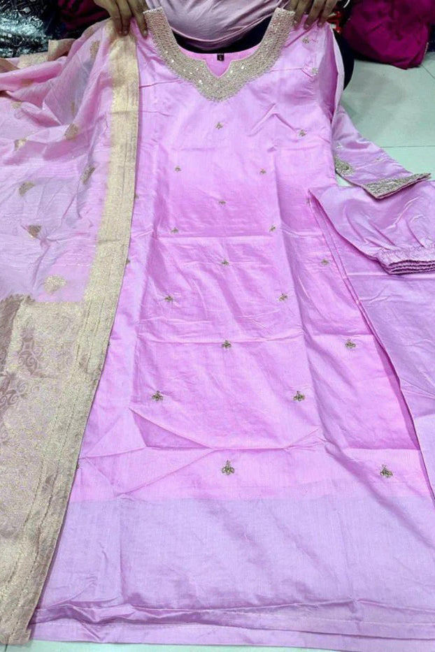 Heavy Cotton Silk Mirror Work Kurta Set with Zari Embroidery and Lace Dupatta – Purple