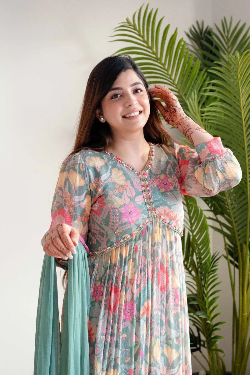 Floral Elegance Alia Cut Suit Set in Mehera Green
