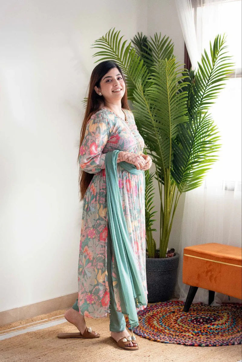 Floral Elegance Alia Cut Suit Set in Mehera Green