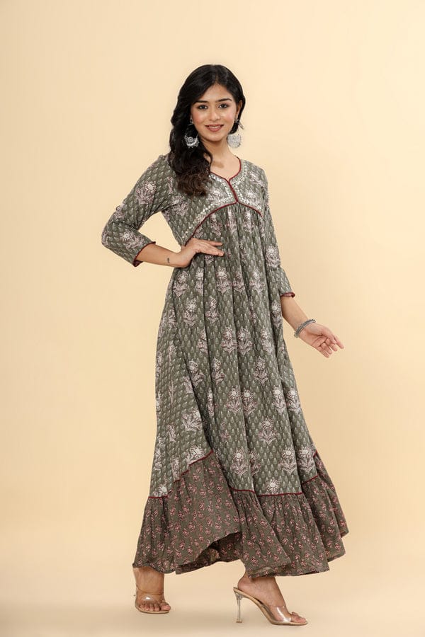 Printed Pure Cotton Anarkali Kurta in Green