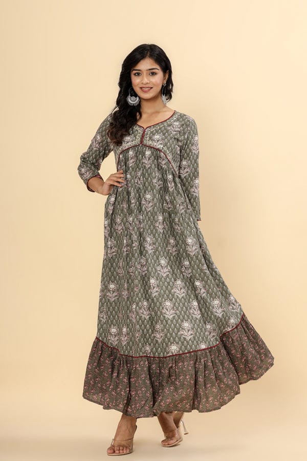Printed Pure Cotton Anarkali Kurta in Green