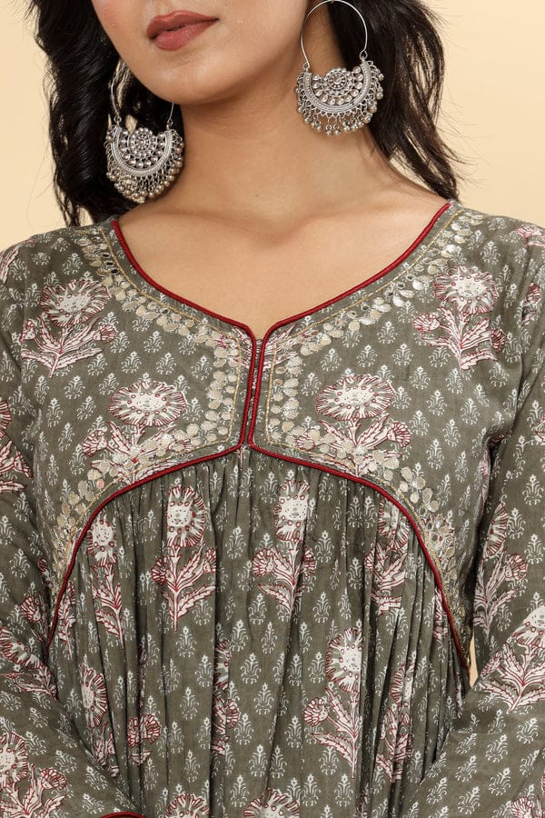 Printed Pure Cotton Anarkali Kurta in Green