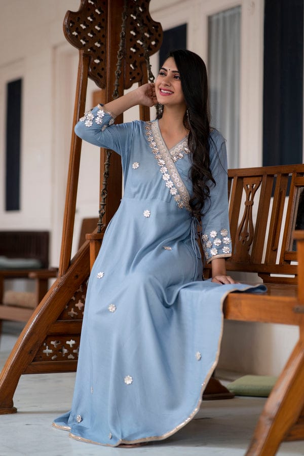 Grey Gotta Patti Designer Embroidered Festive & Wedding Wear Long Kurta