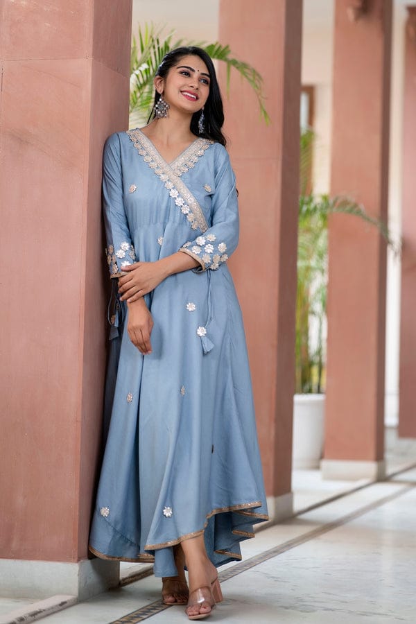 Grey Gotta Patti Designer Embroidered Festive & Wedding Wear Long Kurta
