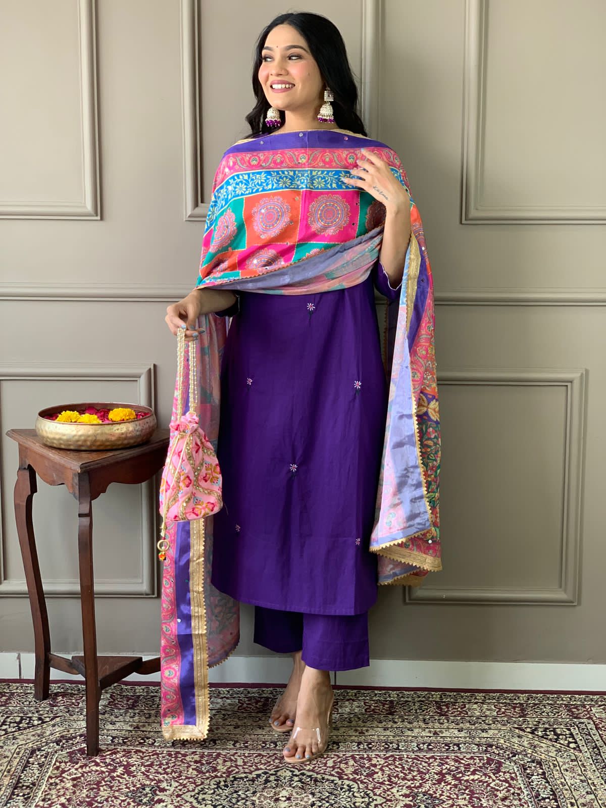 Vibrant Mirror Silk Dupatta Cotton Kurta Set