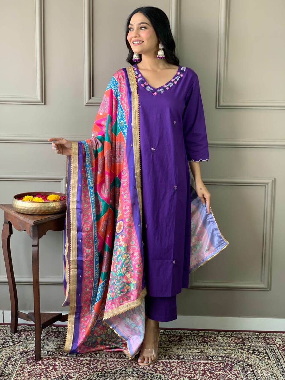 Vibrant Mirror Silk Dupatta Cotton Kurta Set