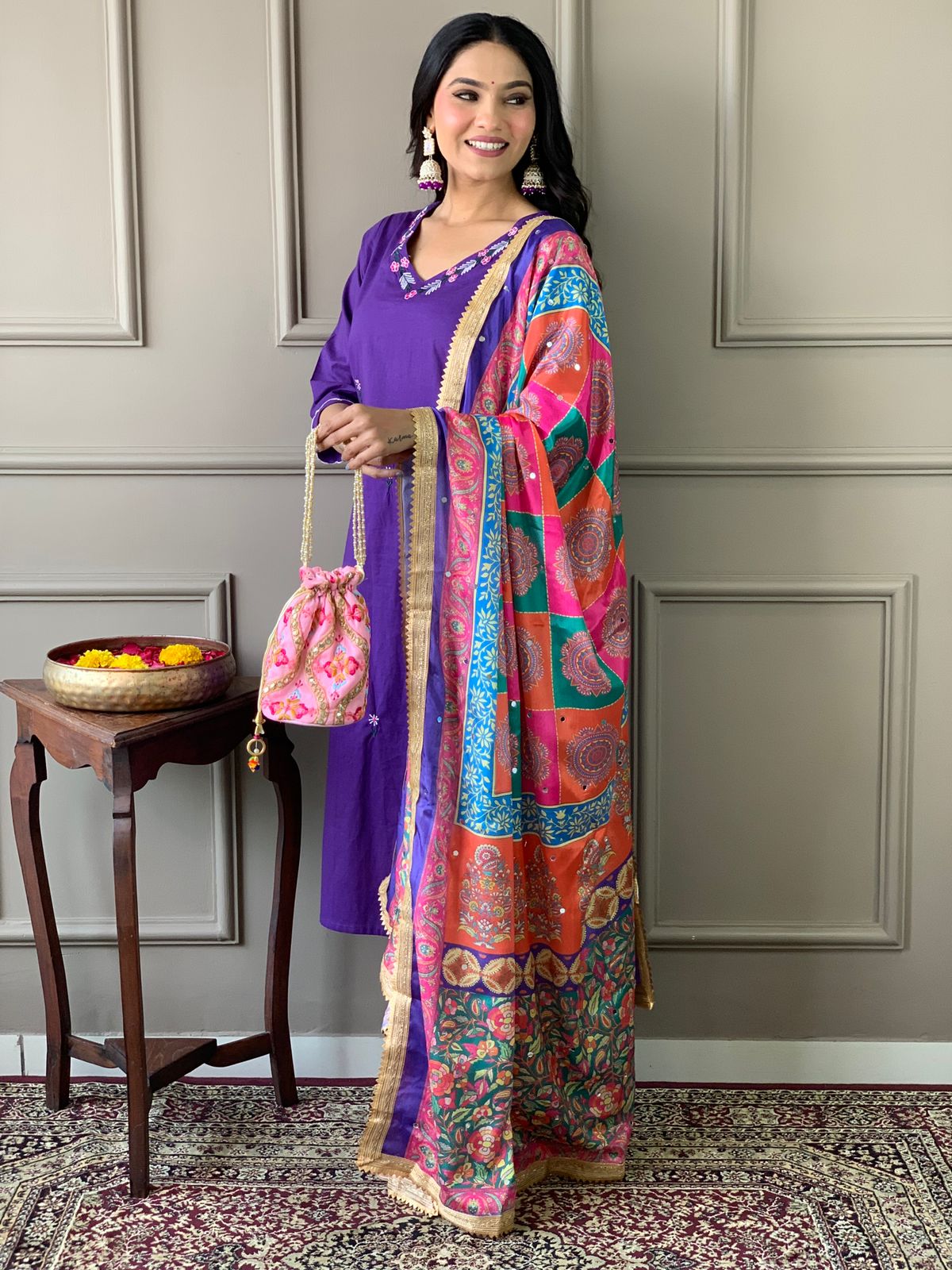 Vibrant Mirror Silk Dupatta Cotton Kurta Set