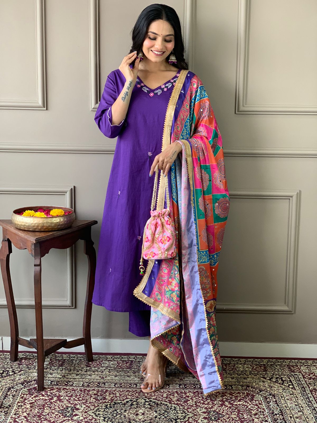 Vibrant Mirror Silk Dupatta Cotton Kurta Set