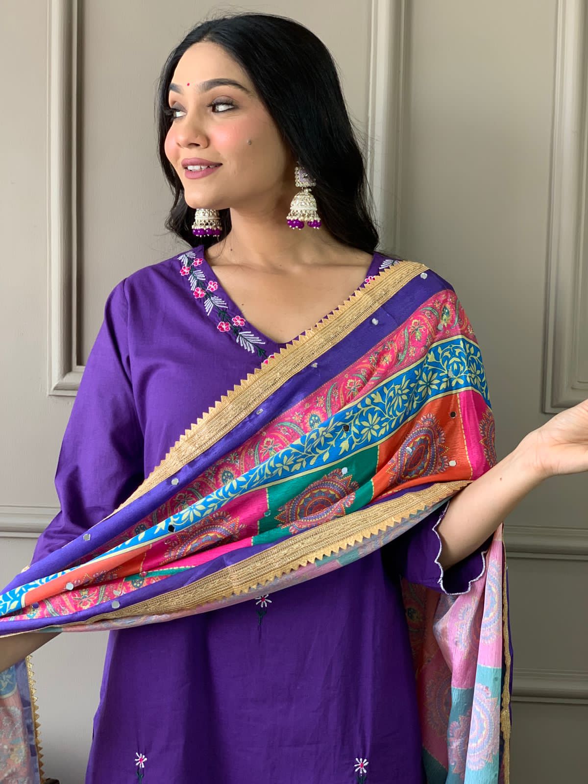 Vibrant Mirror Silk Dupatta Cotton Kurta Set