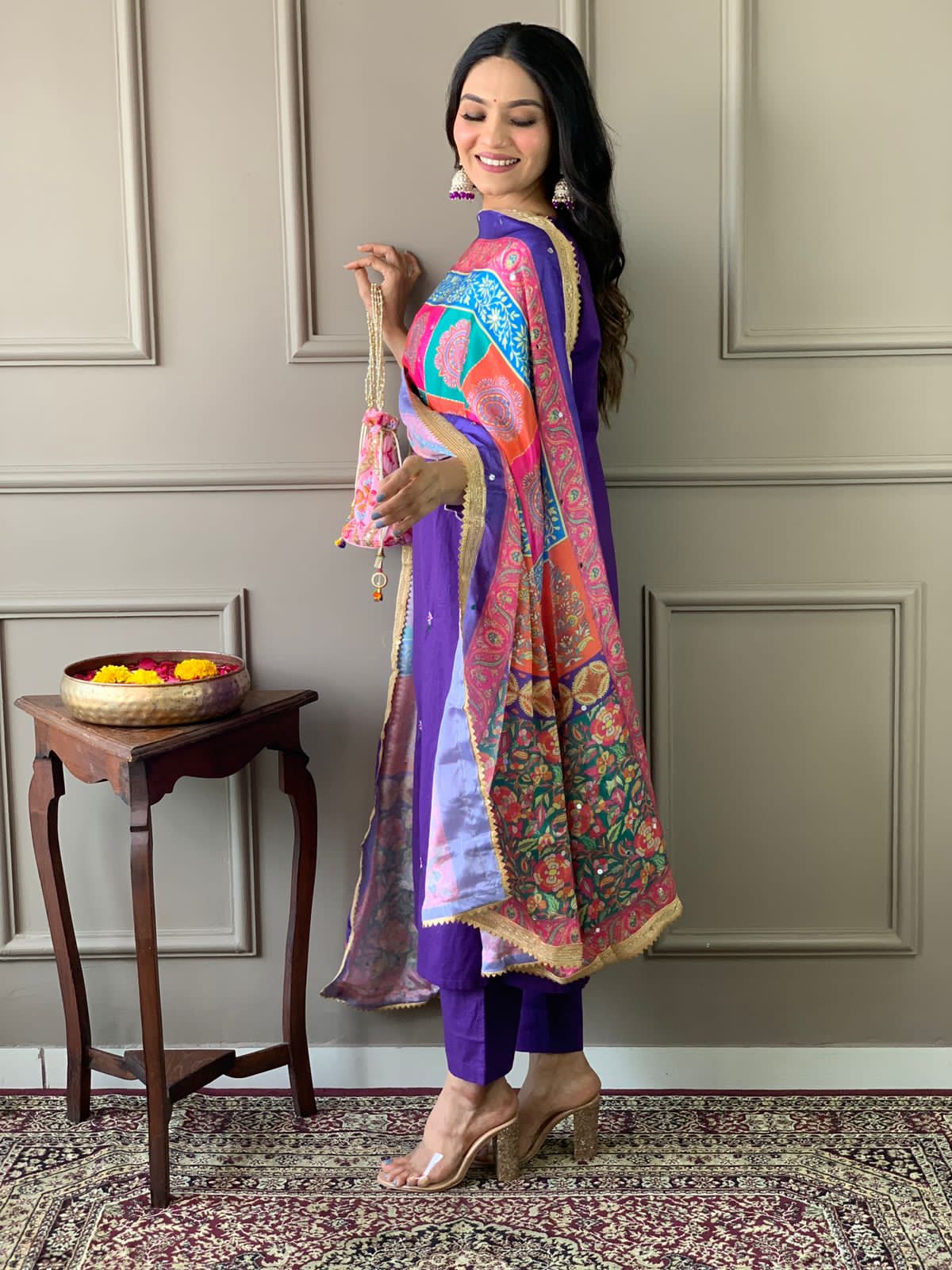 Vibrant Mirror Silk Dupatta Cotton Kurta Set