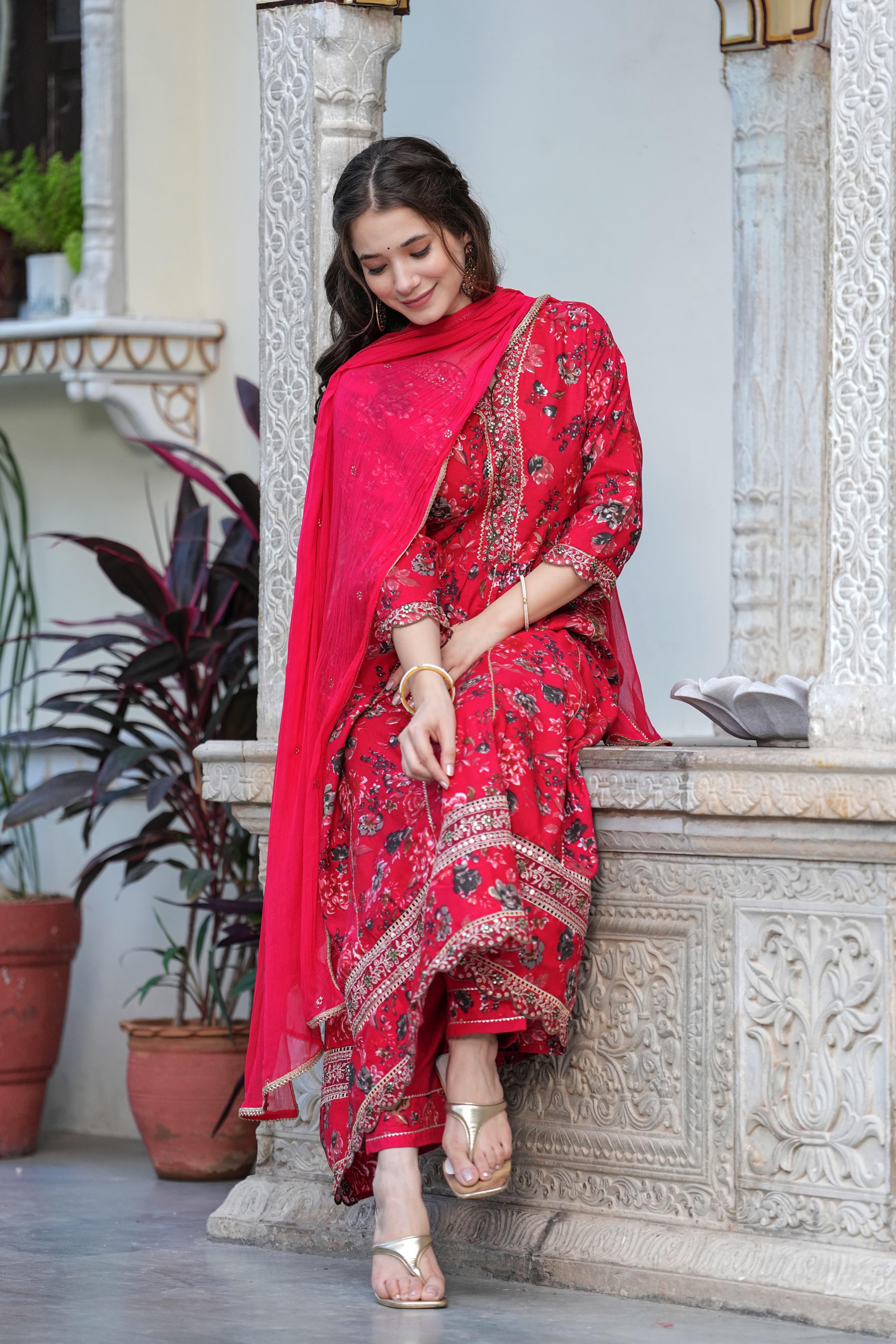 Anarkali Kurta With Heavy Reyon Embroidery Pant With Dupatta