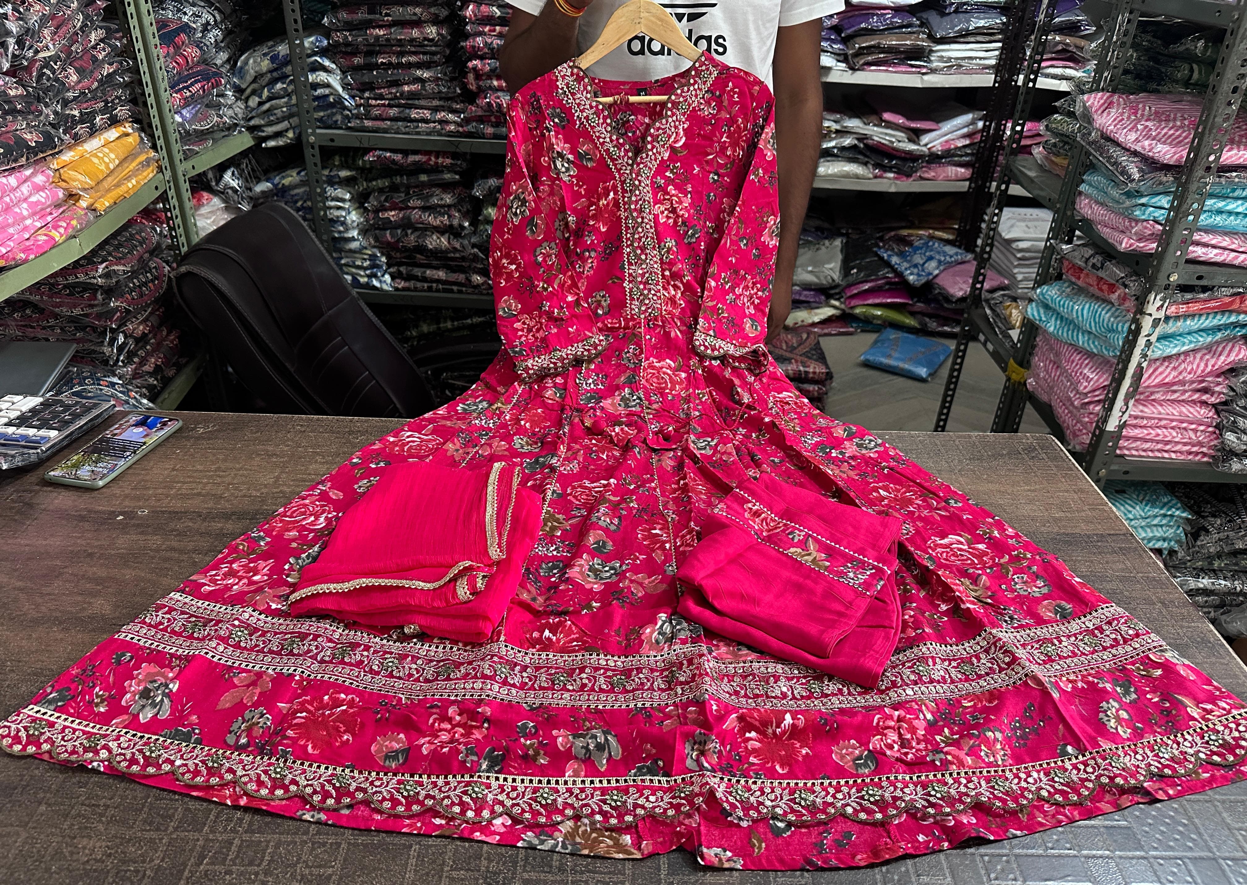 Anarkali Kurta With Heavy Reyon Embroidery Pant With Dupatta