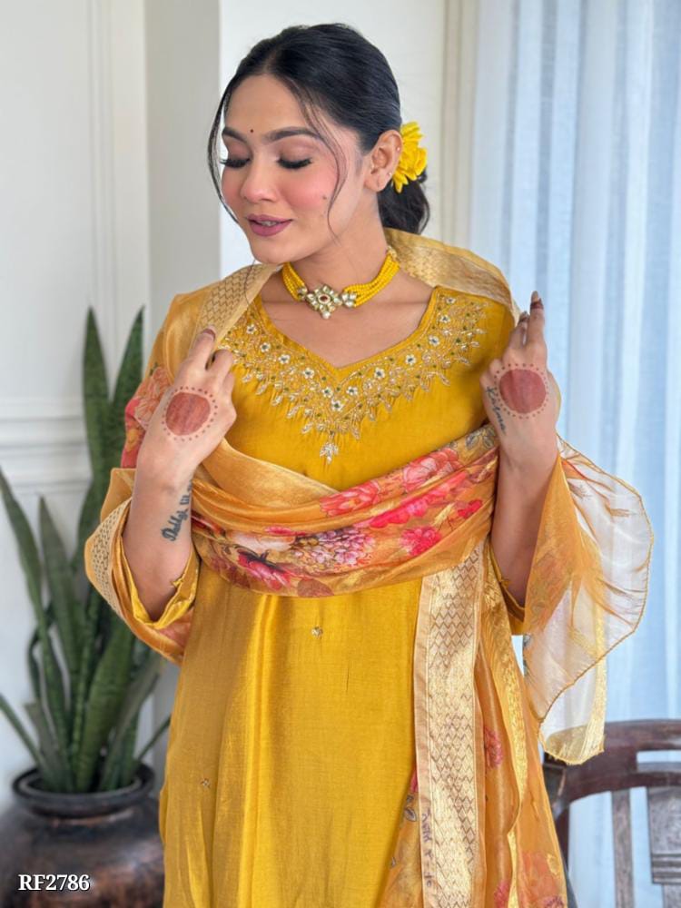 Ethereal Silk Elegance - Handworked Kurta and Pant Set with Chanderi Dupatta