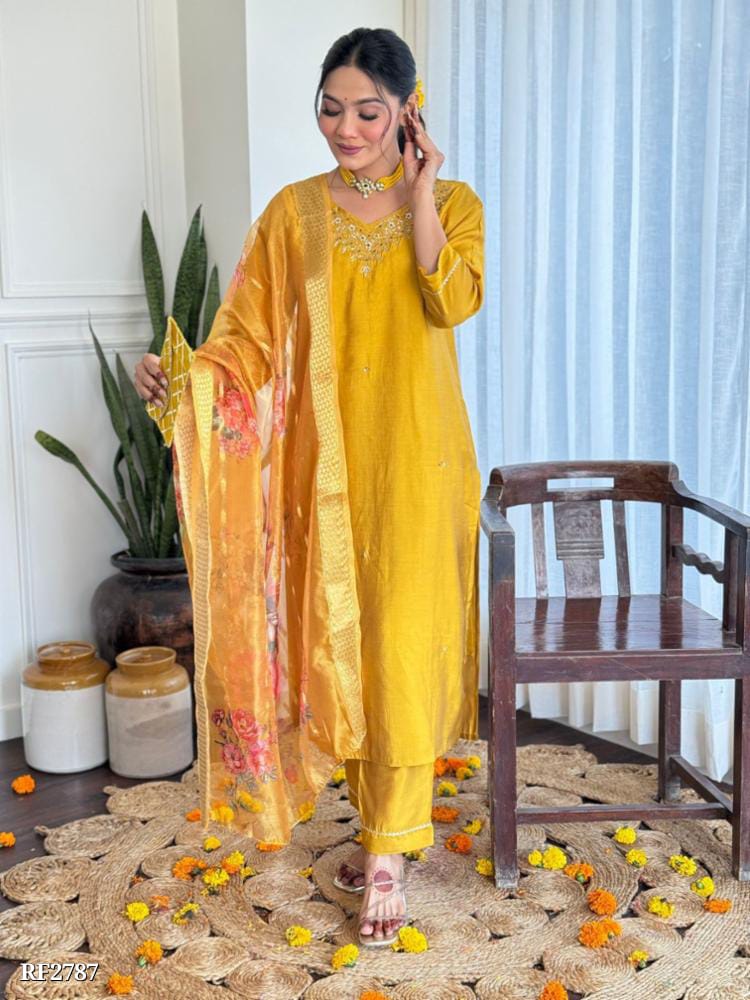 Ethereal Silk Elegance - Handworked Kurta and Pant Set with Chanderi Dupatta