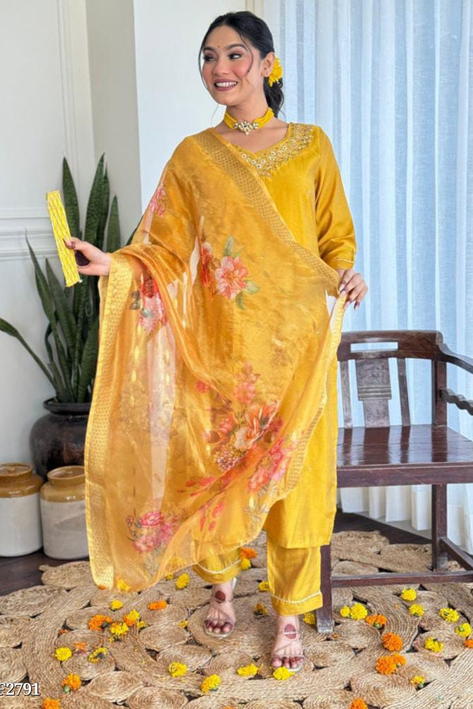 Ethereal Silk Elegance - Handworked Kurta and Pant Set with Chanderi Dupatta