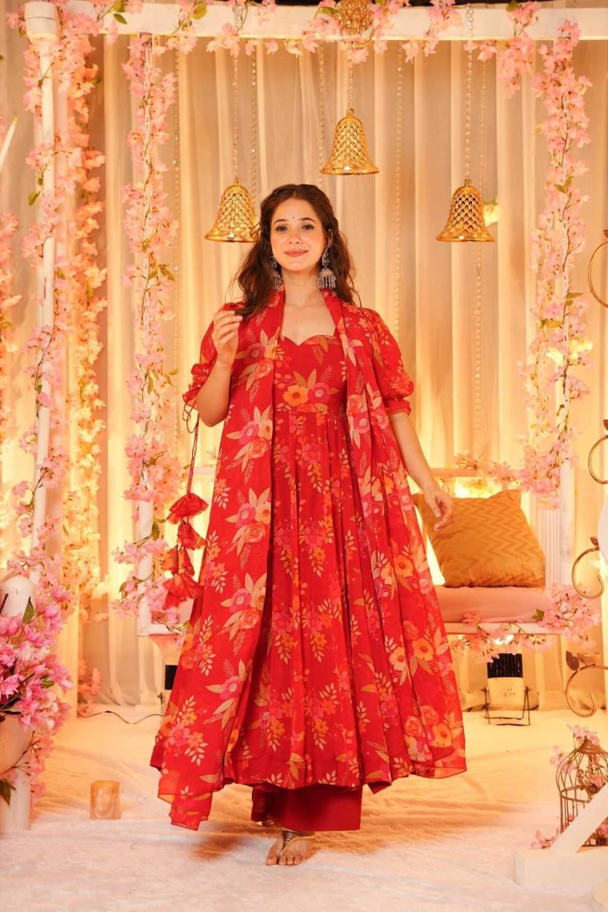 Radiant Grace Red Organza Suit Set