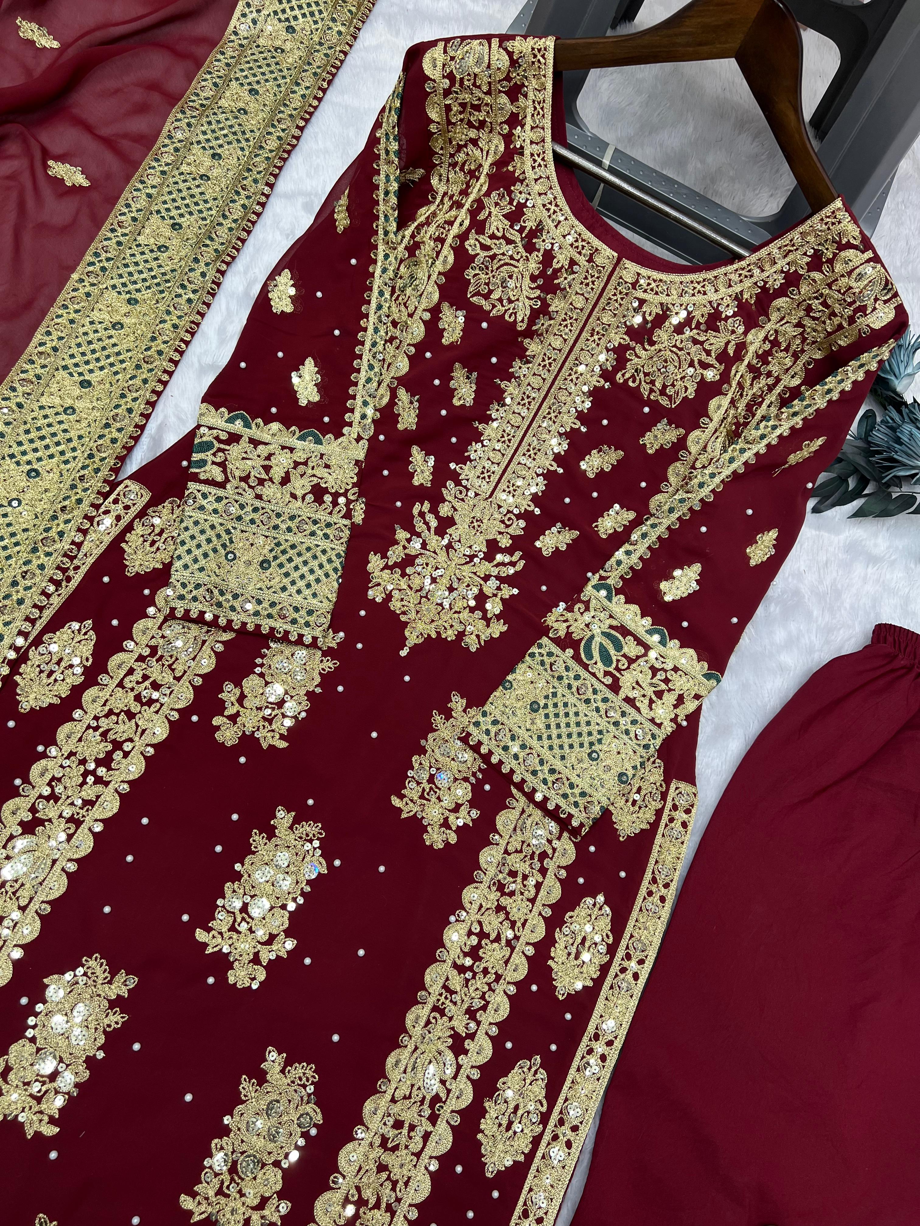 Zarqa Brown Embroidered Moti & Sequins Top-Palazzo Set