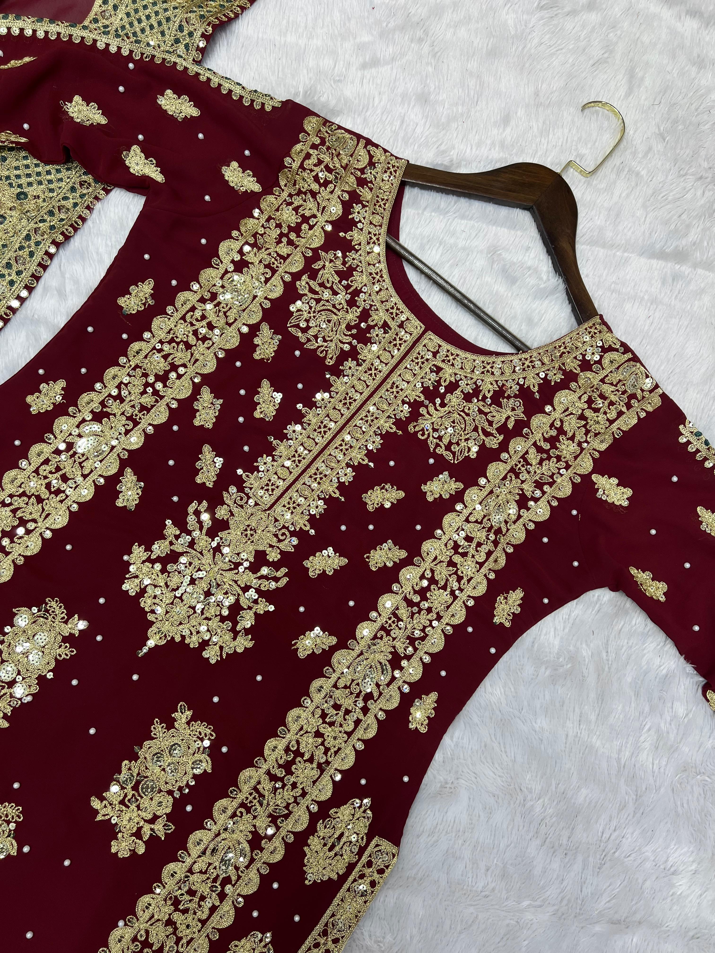 Zarqa Brown Embroidered Moti & Sequins Top-Palazzo Set