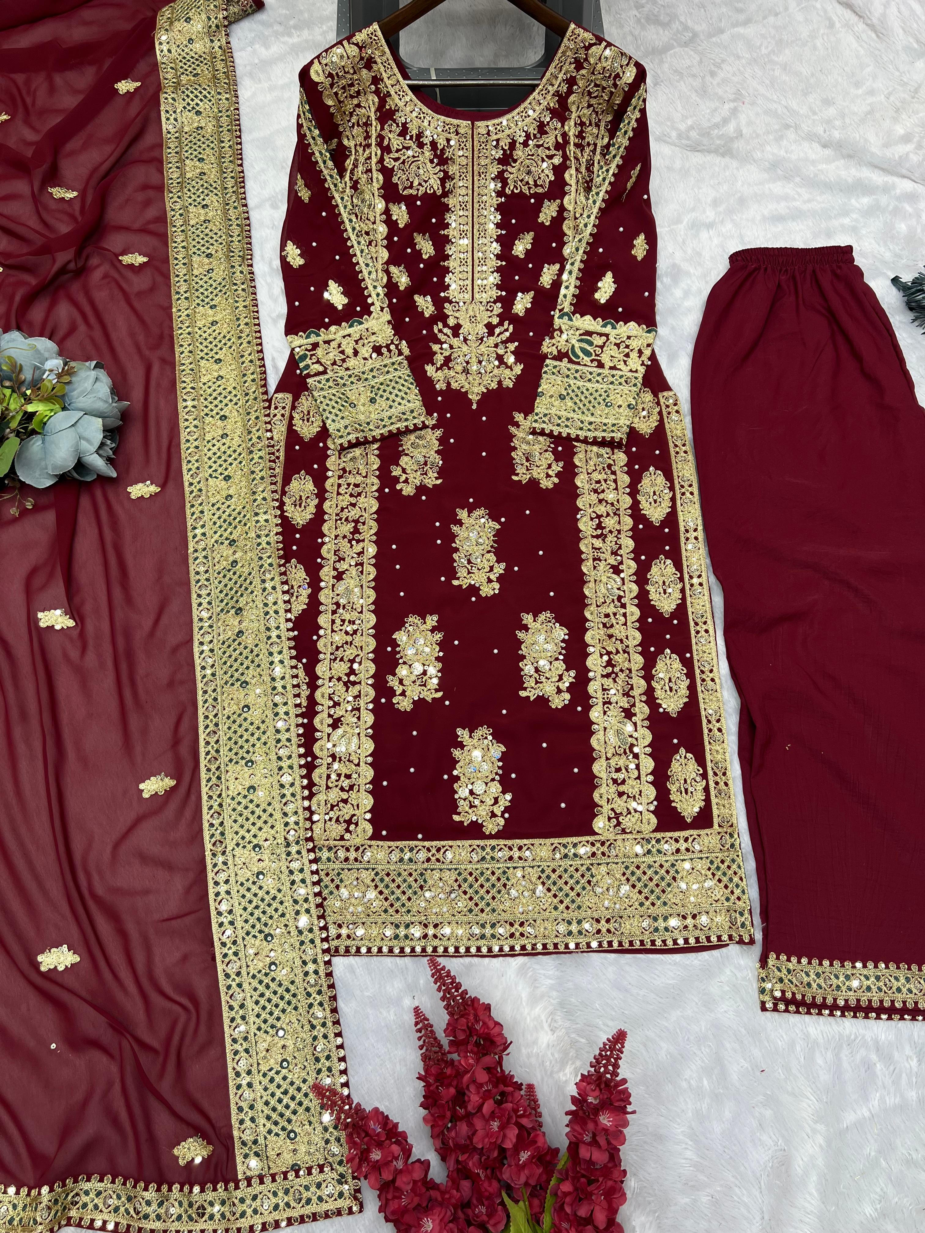 Zarqa Brown Embroidered Moti & Sequins Top-Palazzo Set