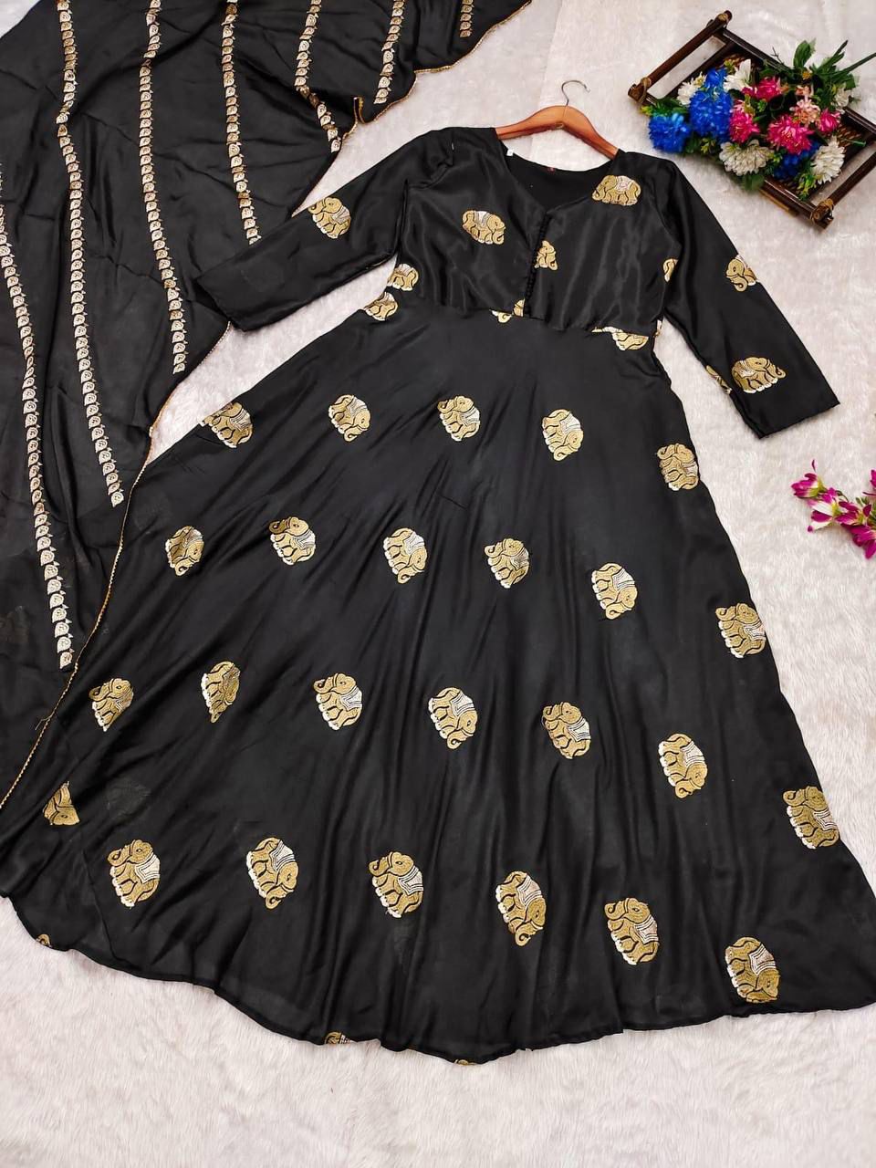 Regal Embroidered Black Gown with Dupatta