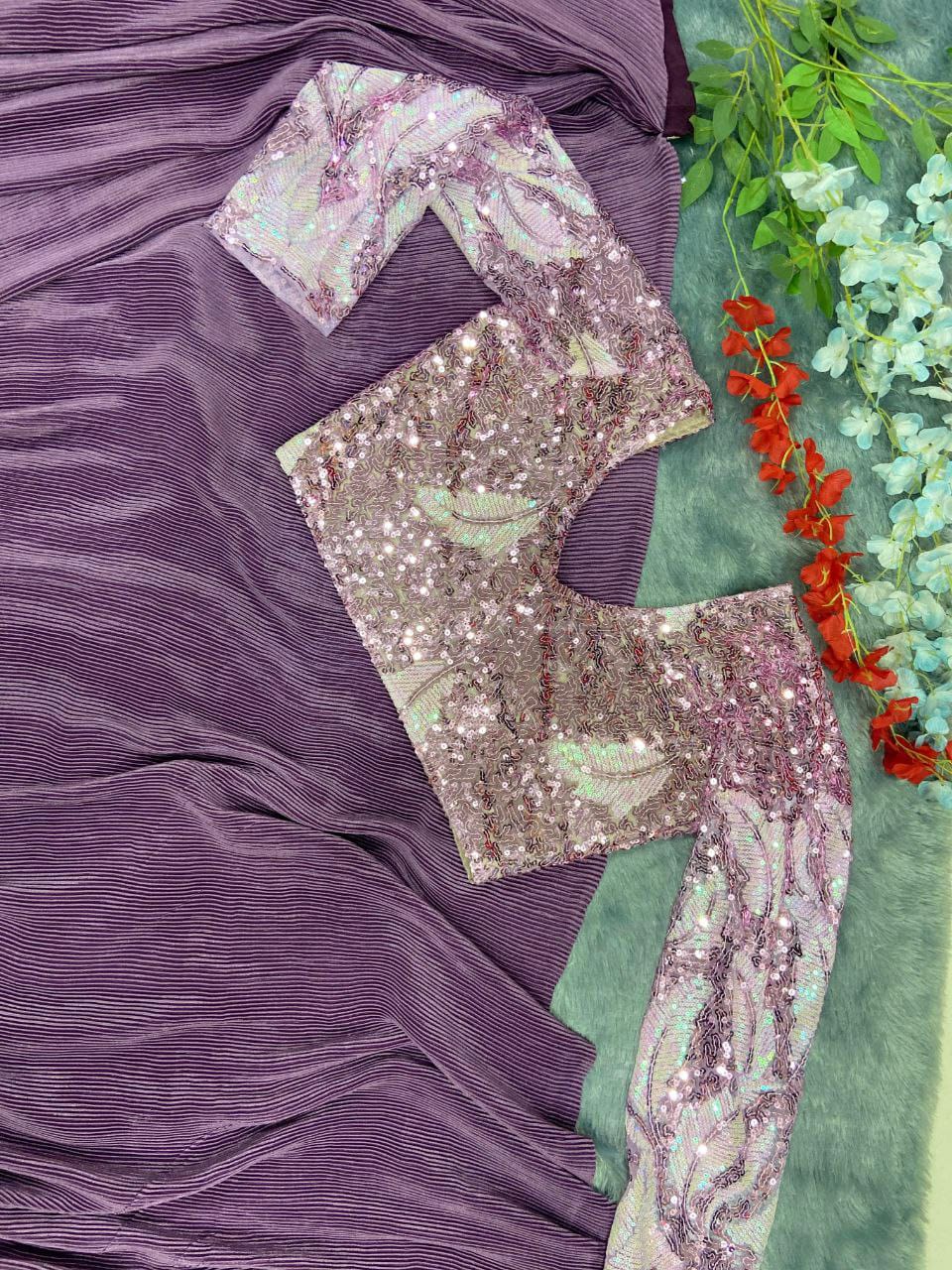 Premium Chinon Silk Saree with Embroidered Net Blouse