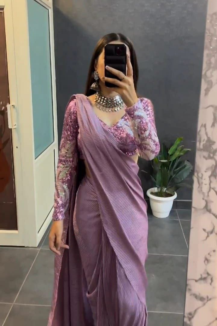 Premium Chinon Silk Saree with Embroidered Net Blouse
