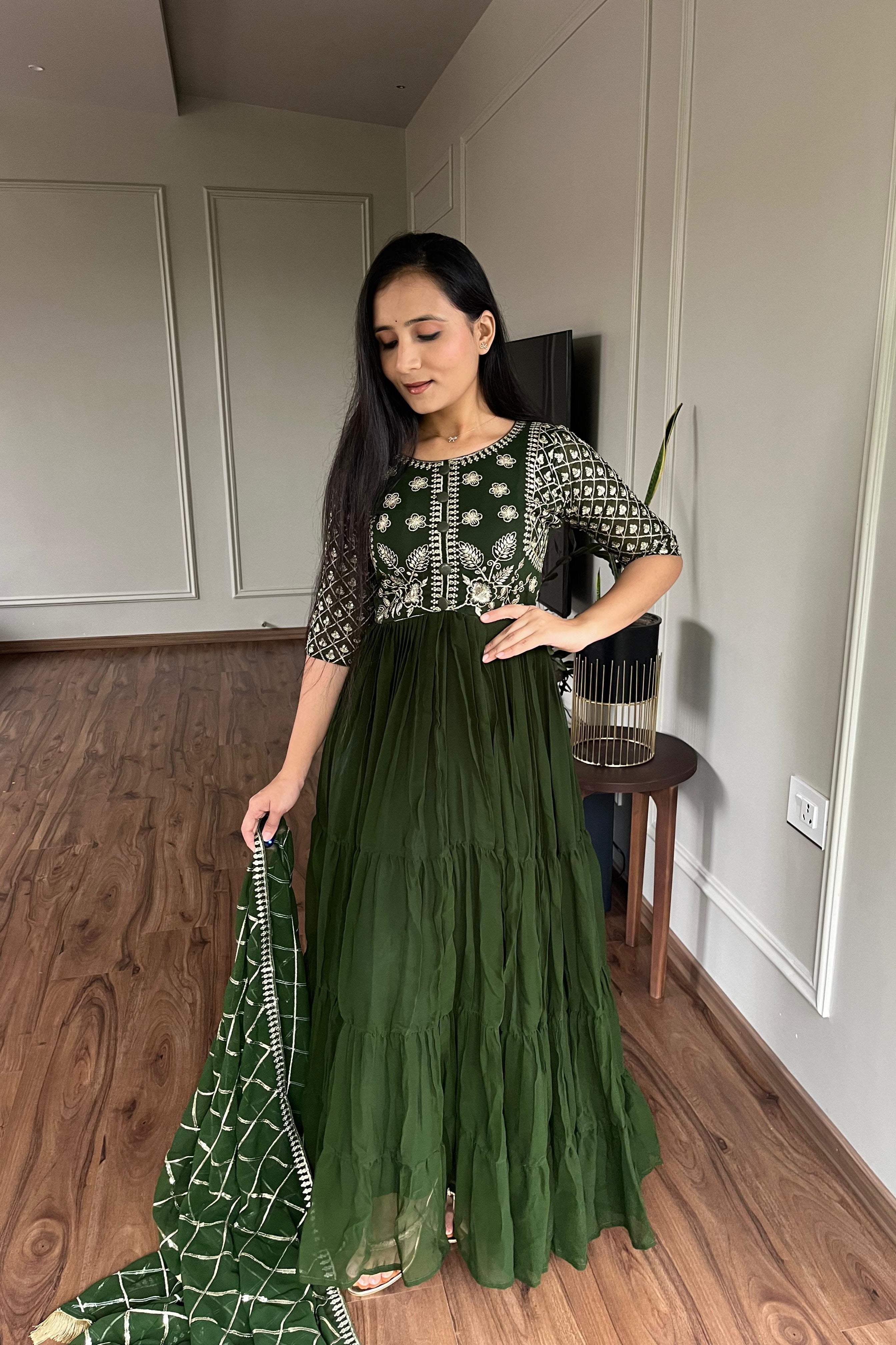 Green Festive Long Gown with Dupatta