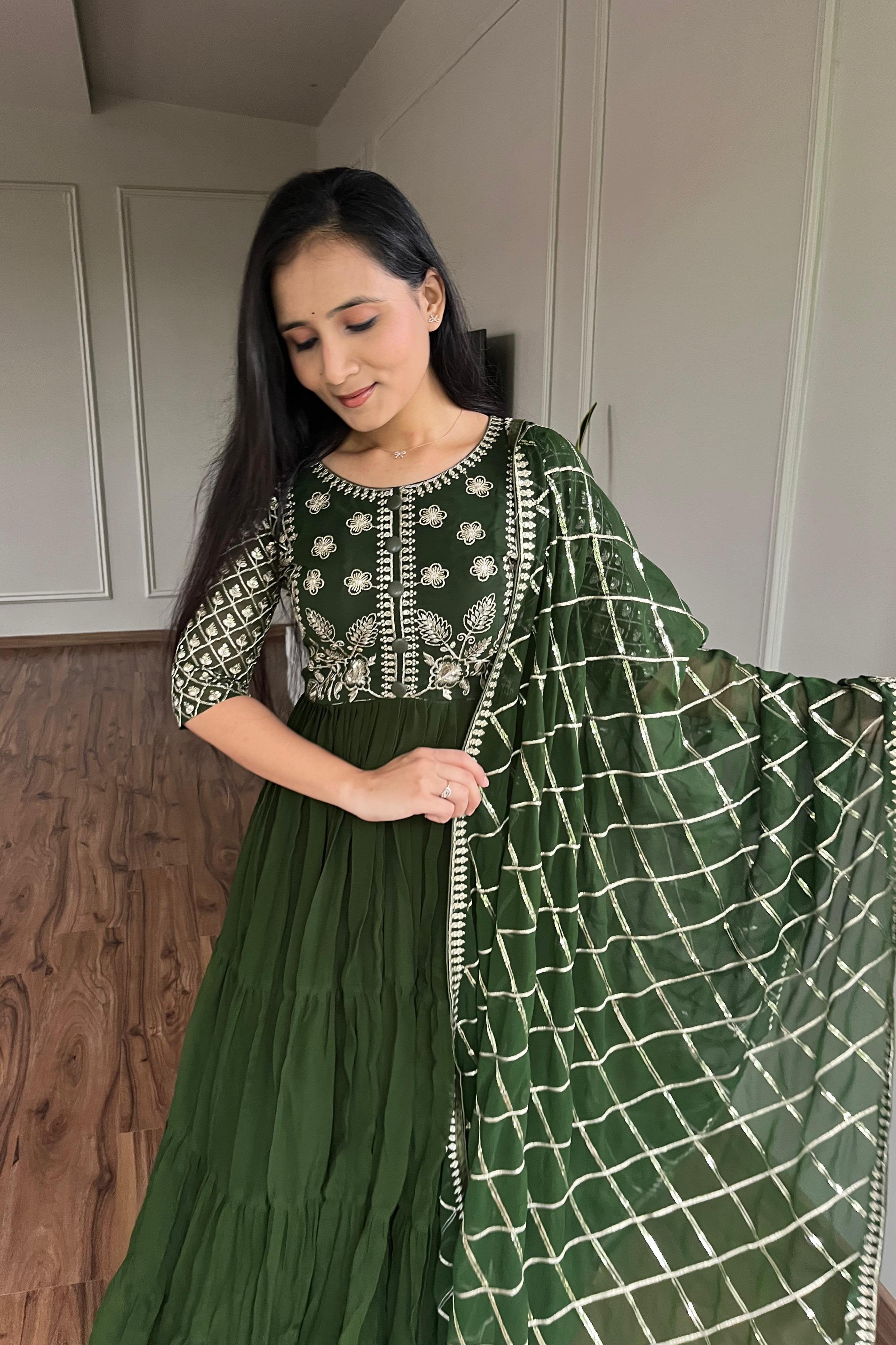 Green Festive Long Gown with Dupatta