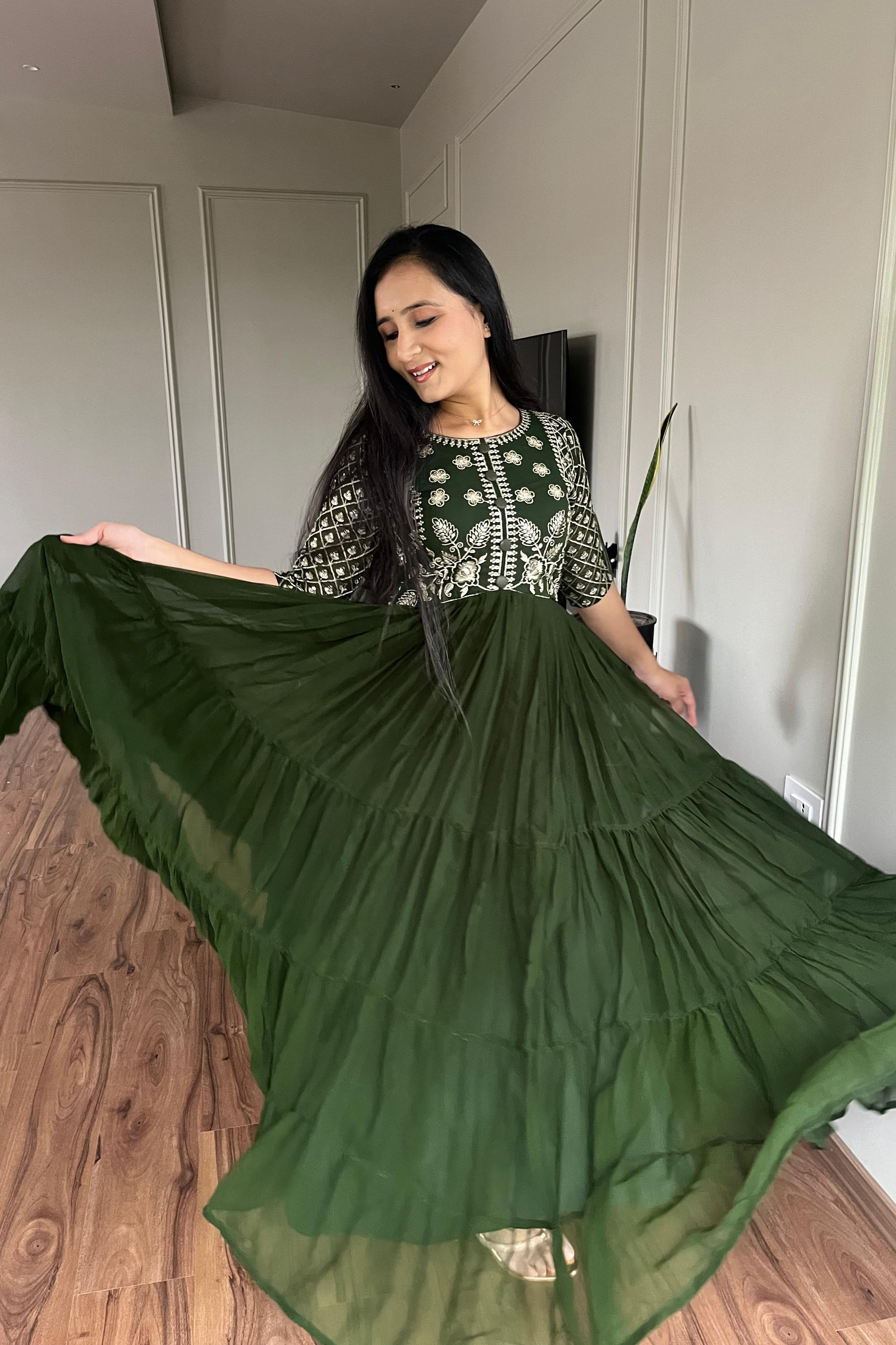 Green Festive Long Gown with Dupatta