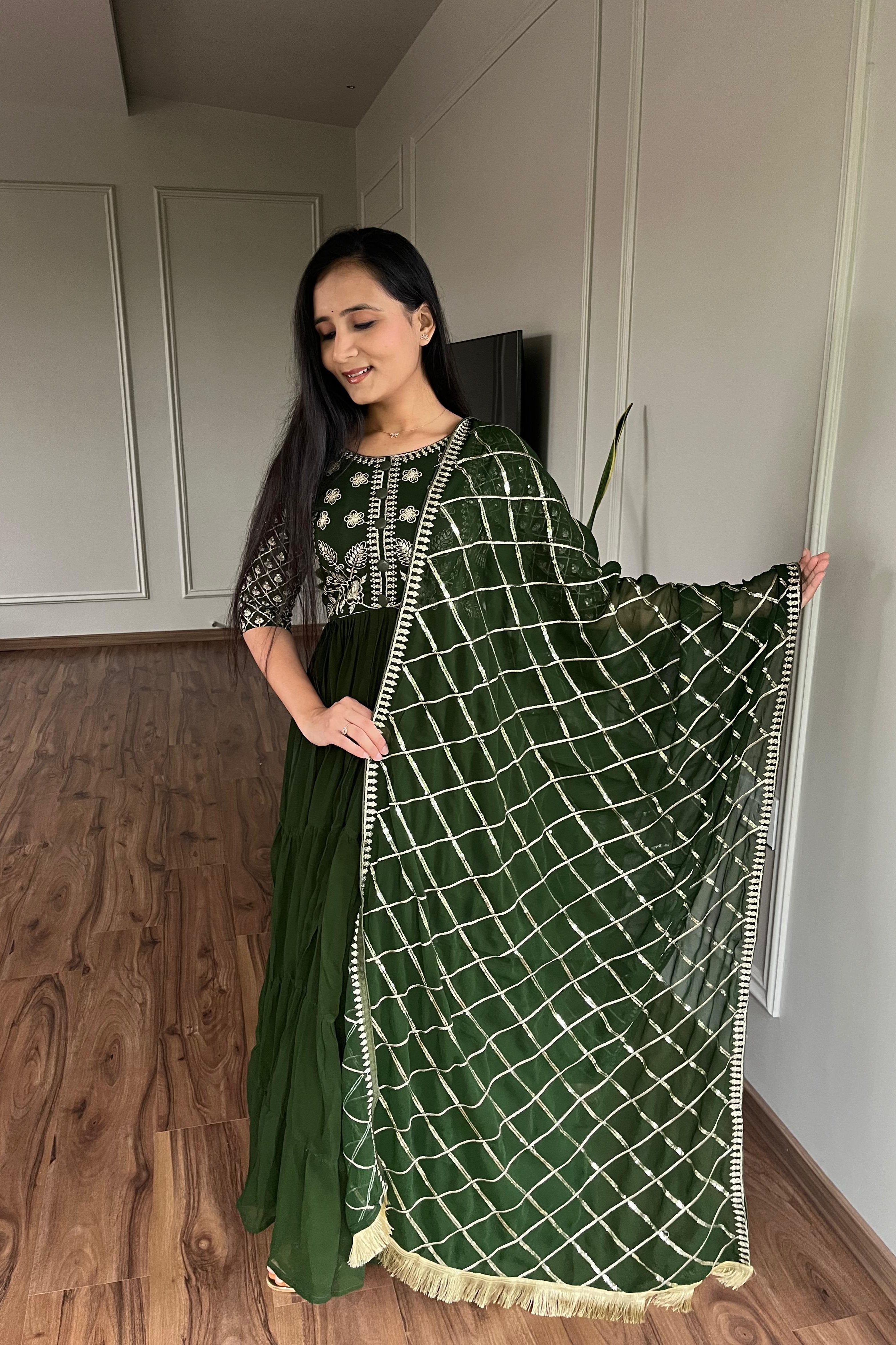Green Festive Long Gown with Dupatta