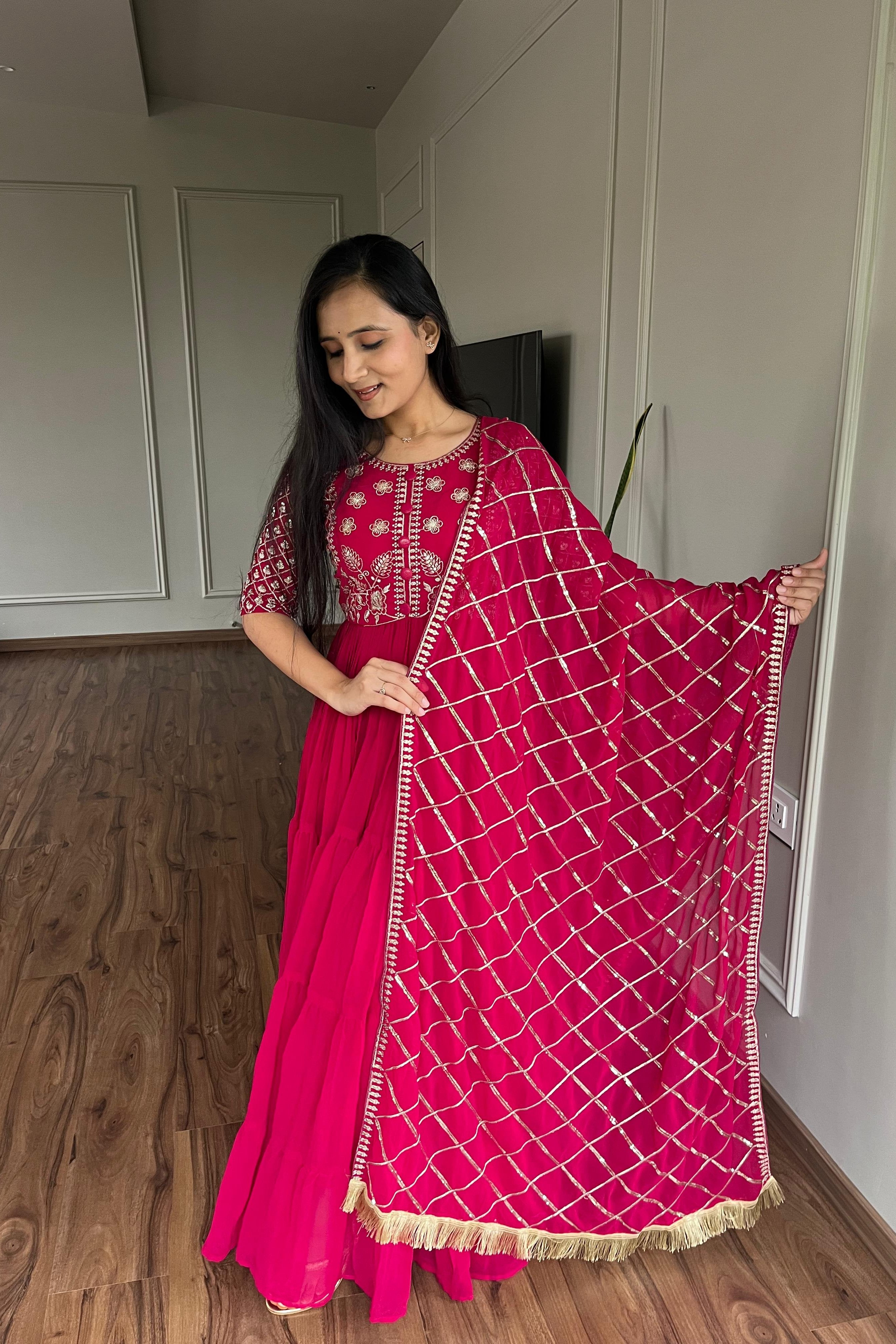 Pink Festive Long Gown with Dupatta