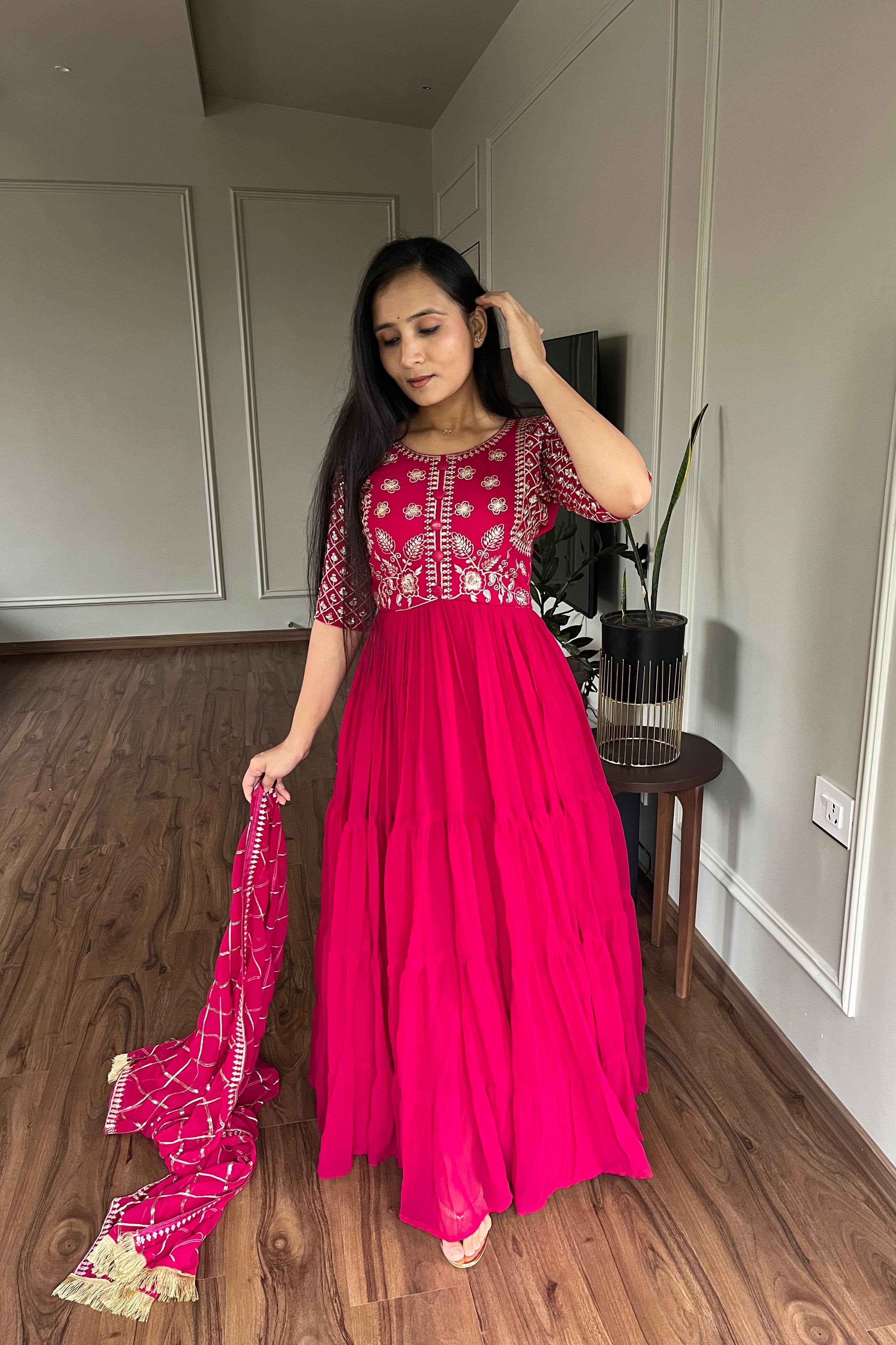 Pink Festive Long Gown with Dupatta