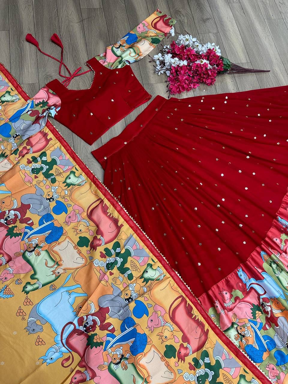 Rangmaya Red Kalamkari Print Embroidered Lehenga Choli