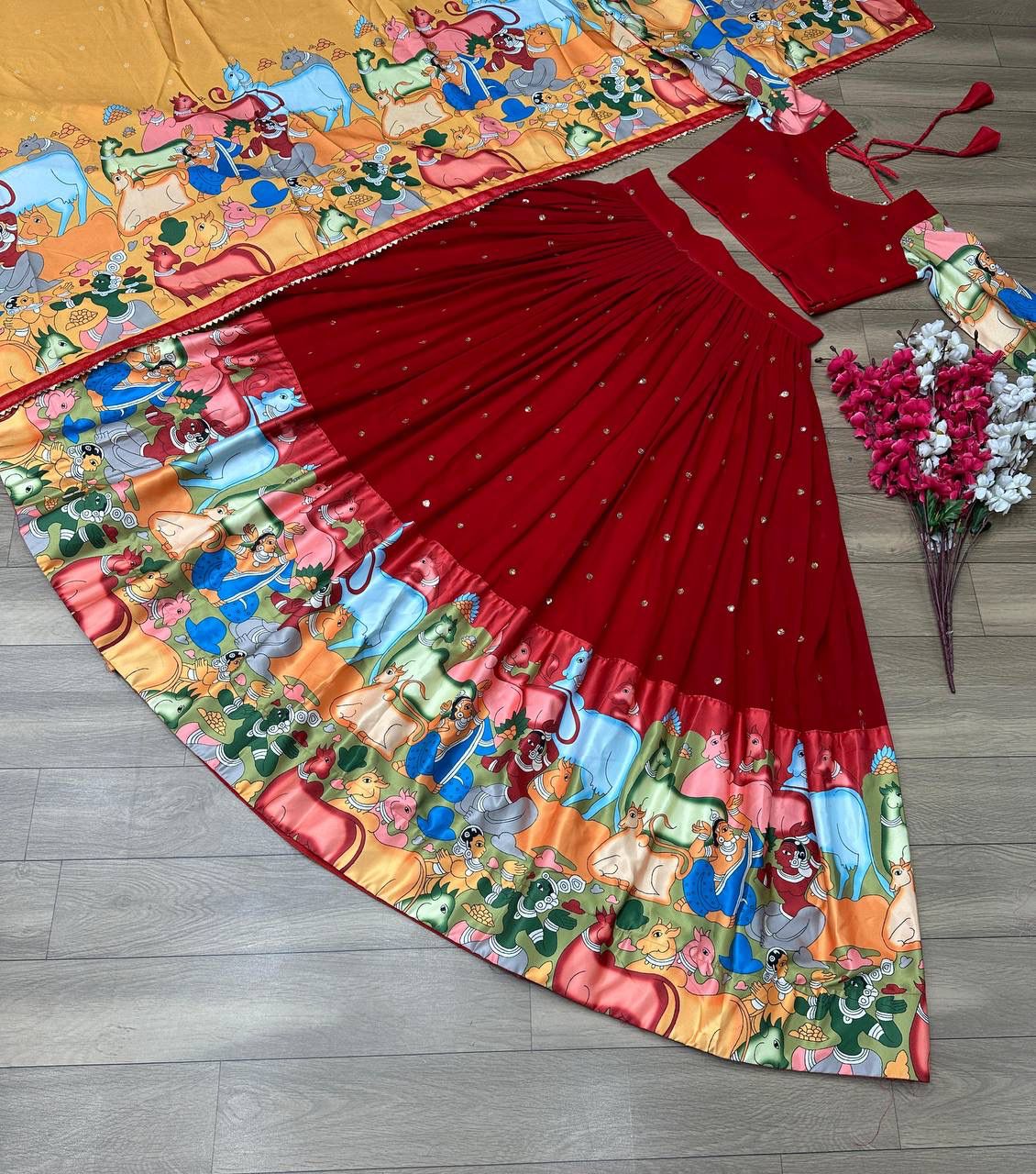 Rangmaya Red Kalamkari Print Embroidered Lehenga Choli