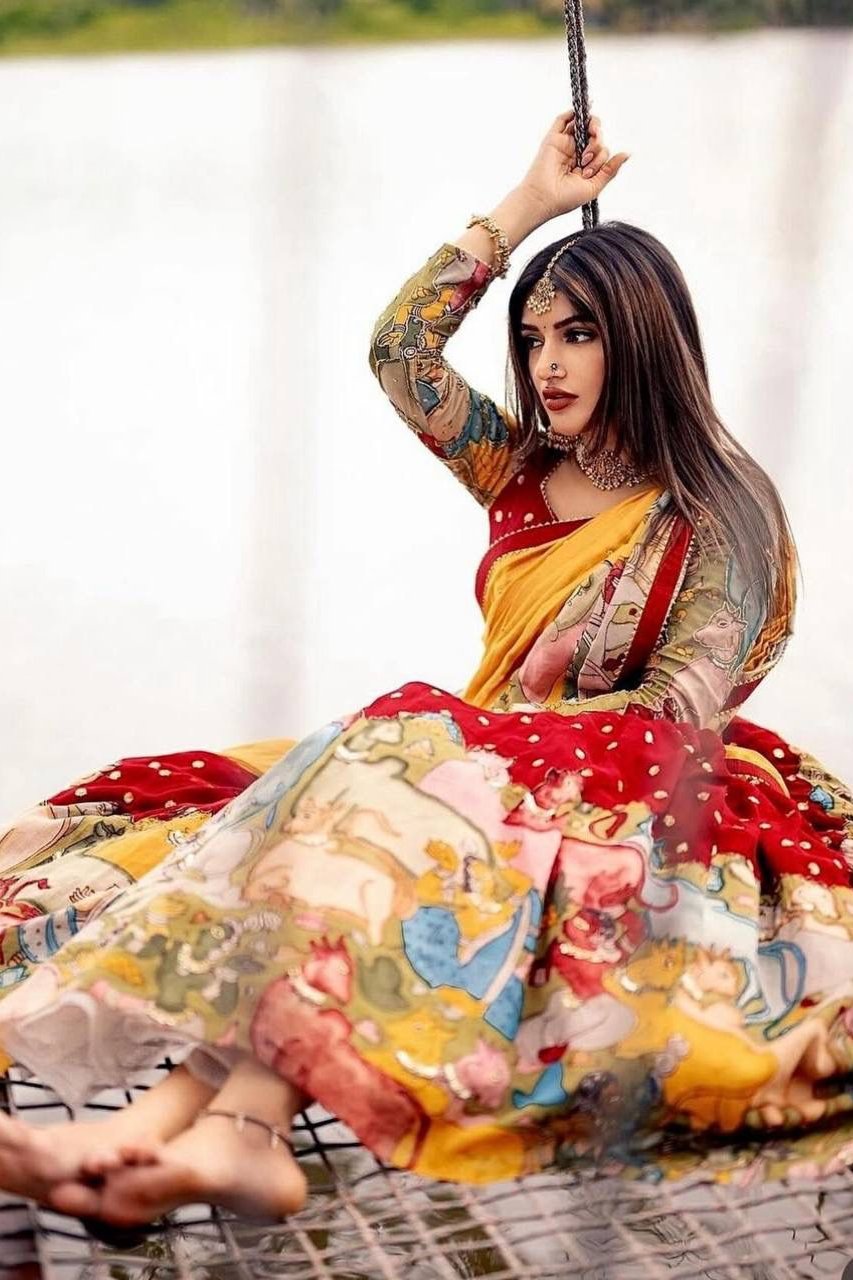Rangmaya Red Kalamkari Print Embroidered Lehenga Choli
