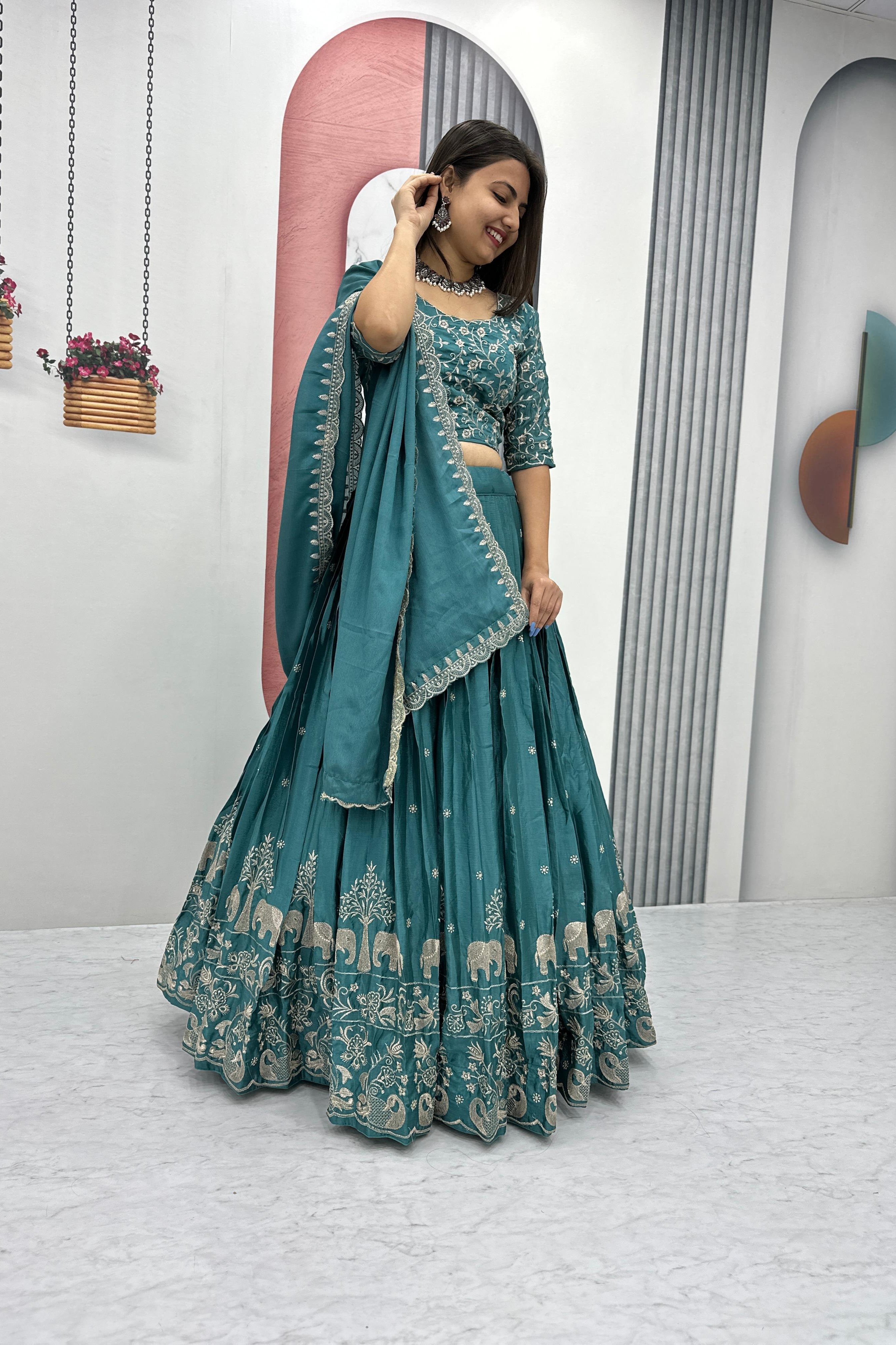 Chinon Silk Thread Embroidered Lehenga Choli