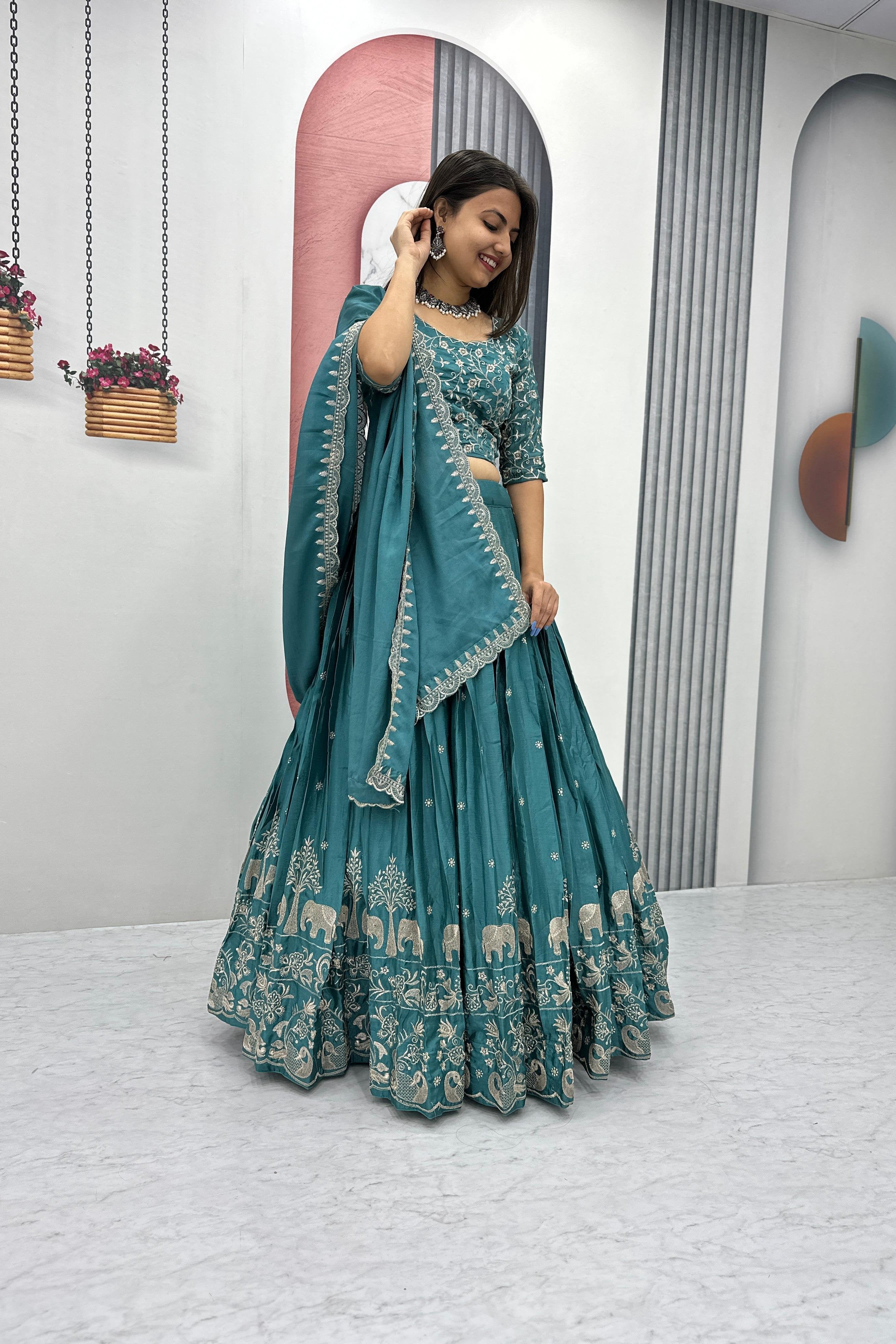Chinon Silk Thread Embroidered Lehenga Choli