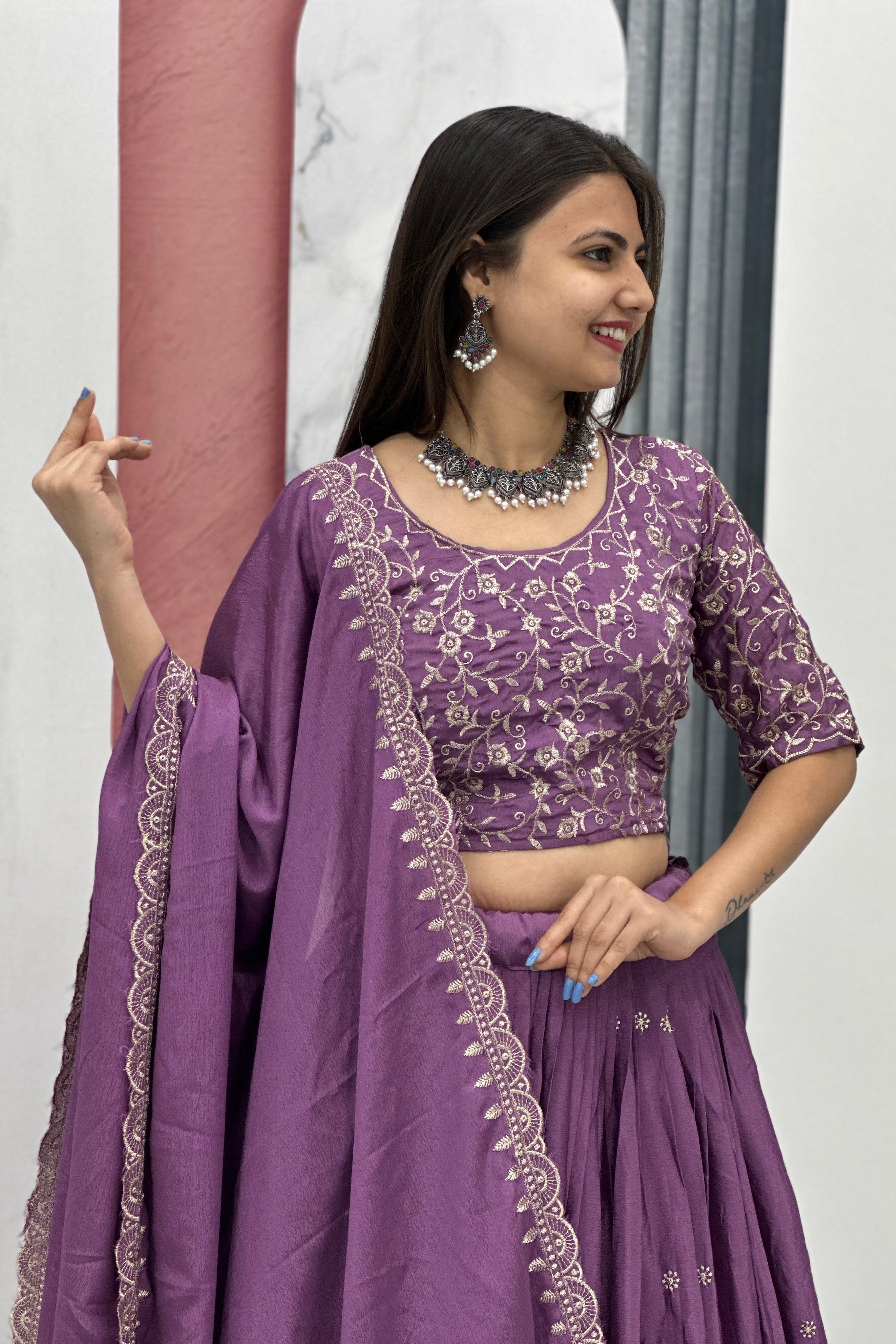 Chinon Silk Thread Embroidered Lehenga Choli