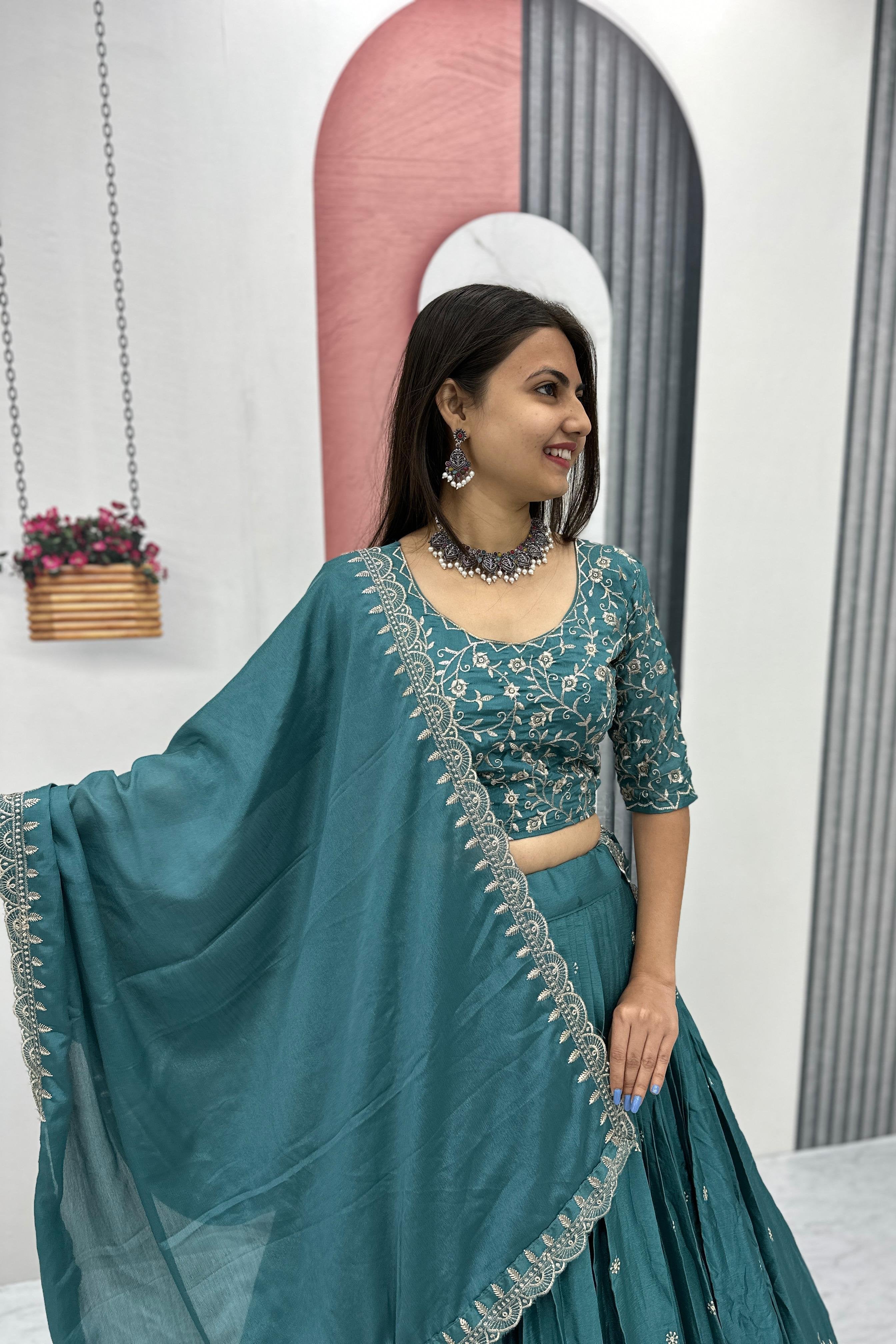 Chinon Silk Thread Embroidered Lehenga Choli