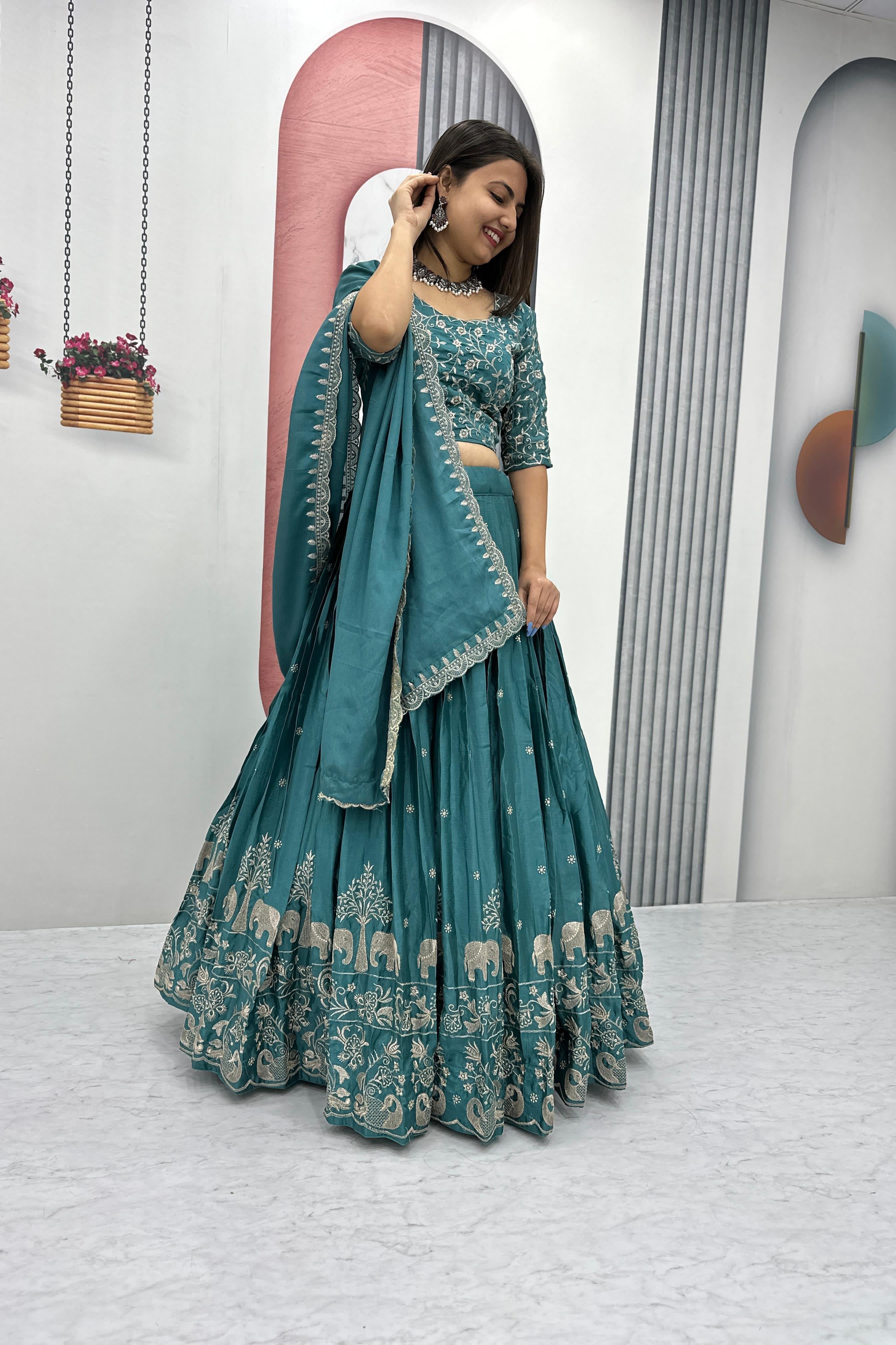 Chinon Silk Thread Embroidered Lehenga Choli