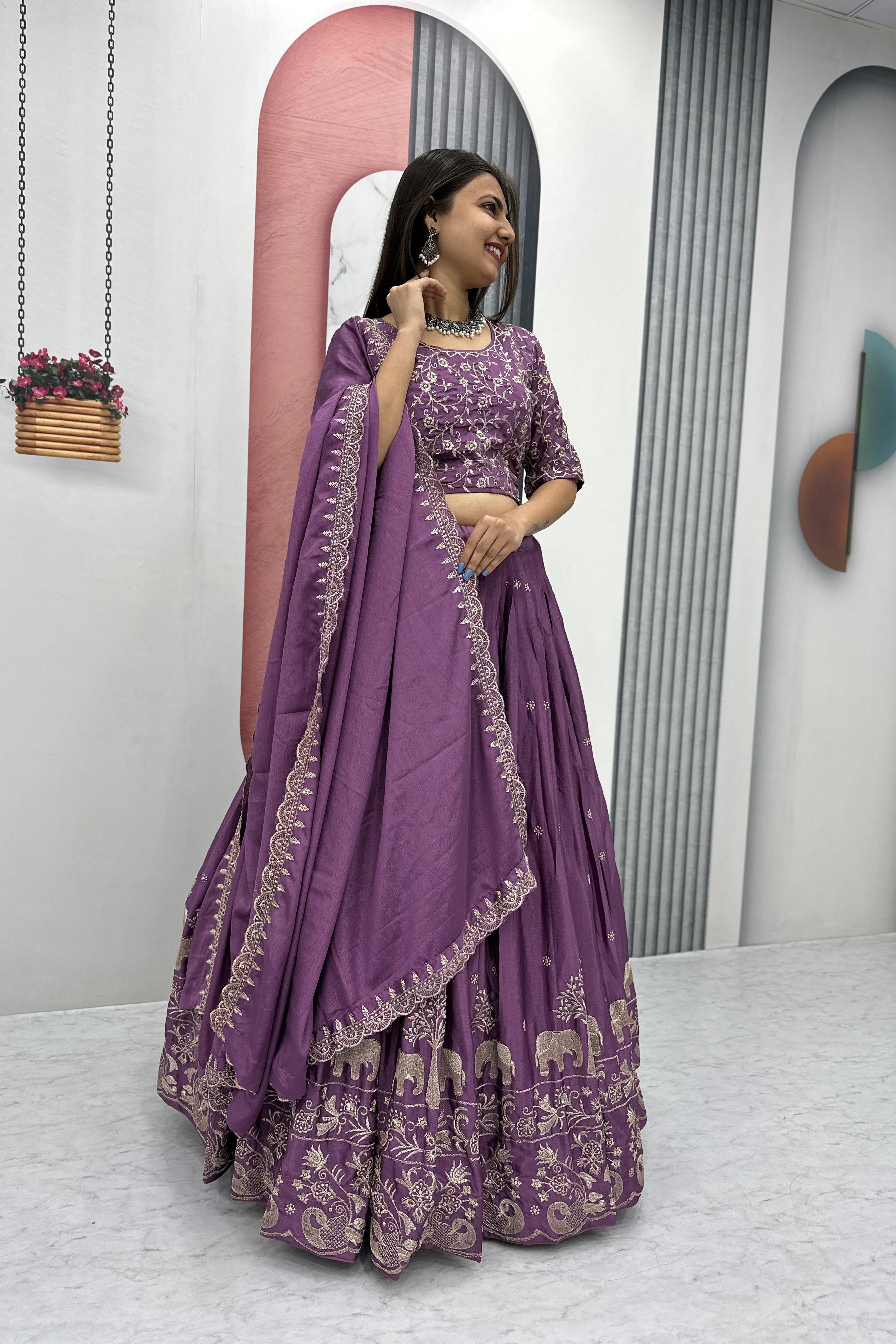 Chinon Silk Thread Embroidered Lehenga Choli