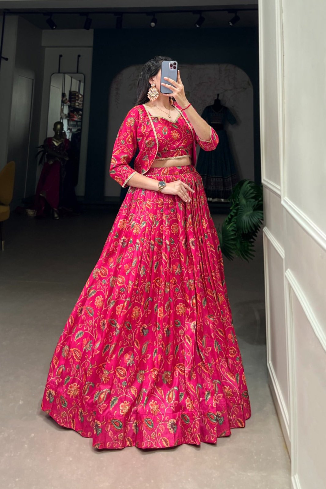 Scarlet Bloom Tussar Silk Floral Wedding Lehenga