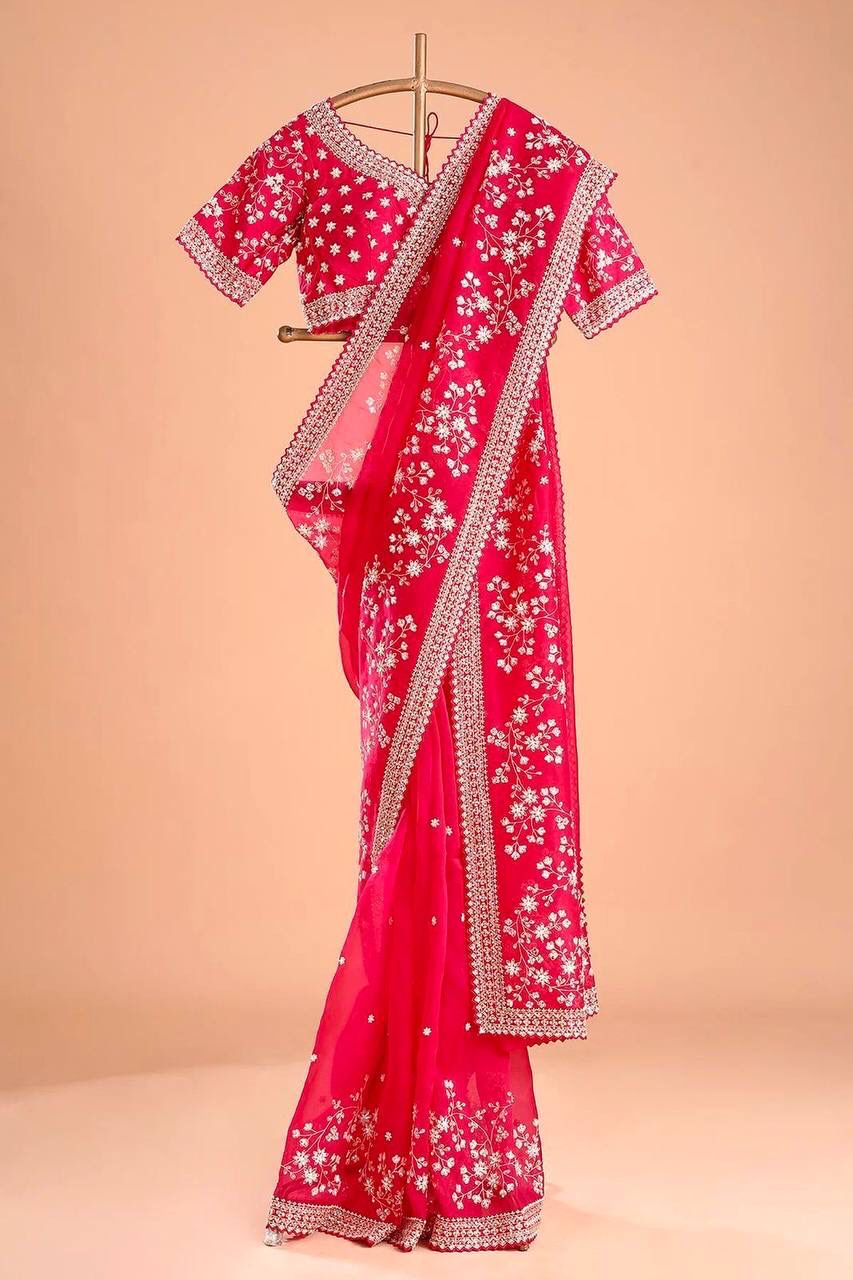 Red Pure Rangoli Fabric Saree with Embroidery & Zari Work