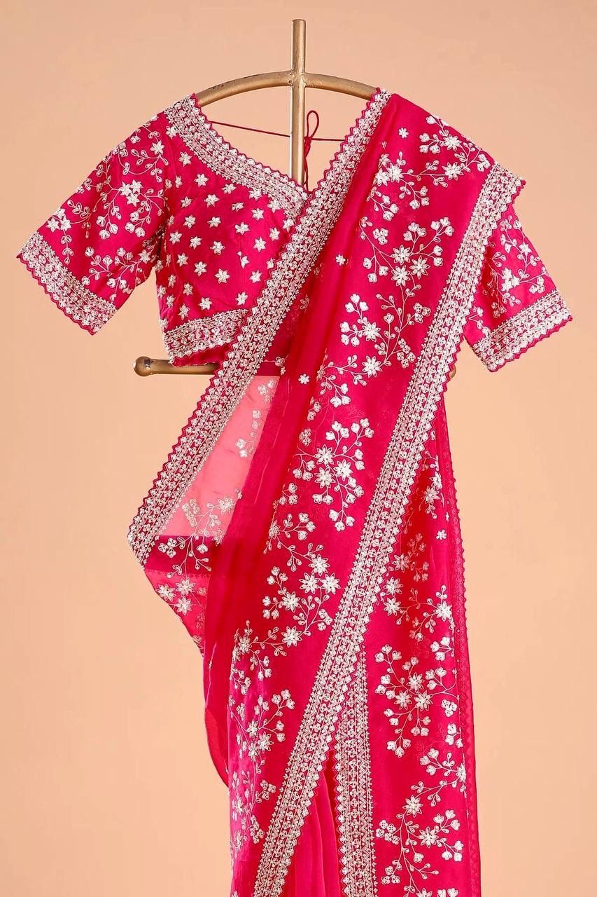 Red Pure Rangoli Fabric Saree with Embroidery & Zari Work